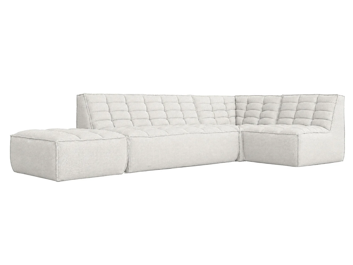 Canapé d’angle modulable en L avec pouf, tissu peluche Pop, blanc glacé, droite, LAZY L avec pouf