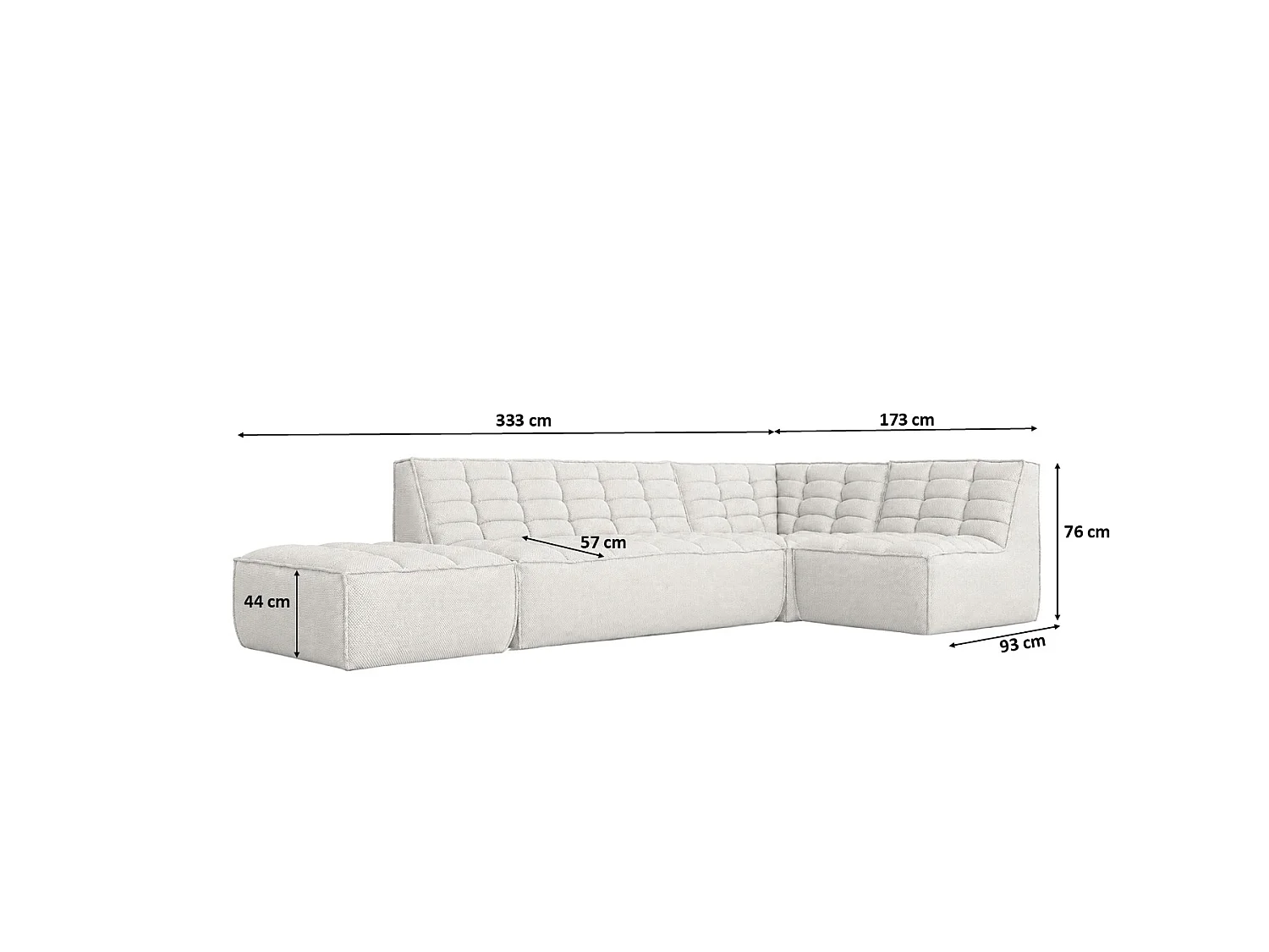 Canapé d’angle modulable en L avec pouf, tissu peluche Pop, blanc glacé, droite, LAZY L avec pouf