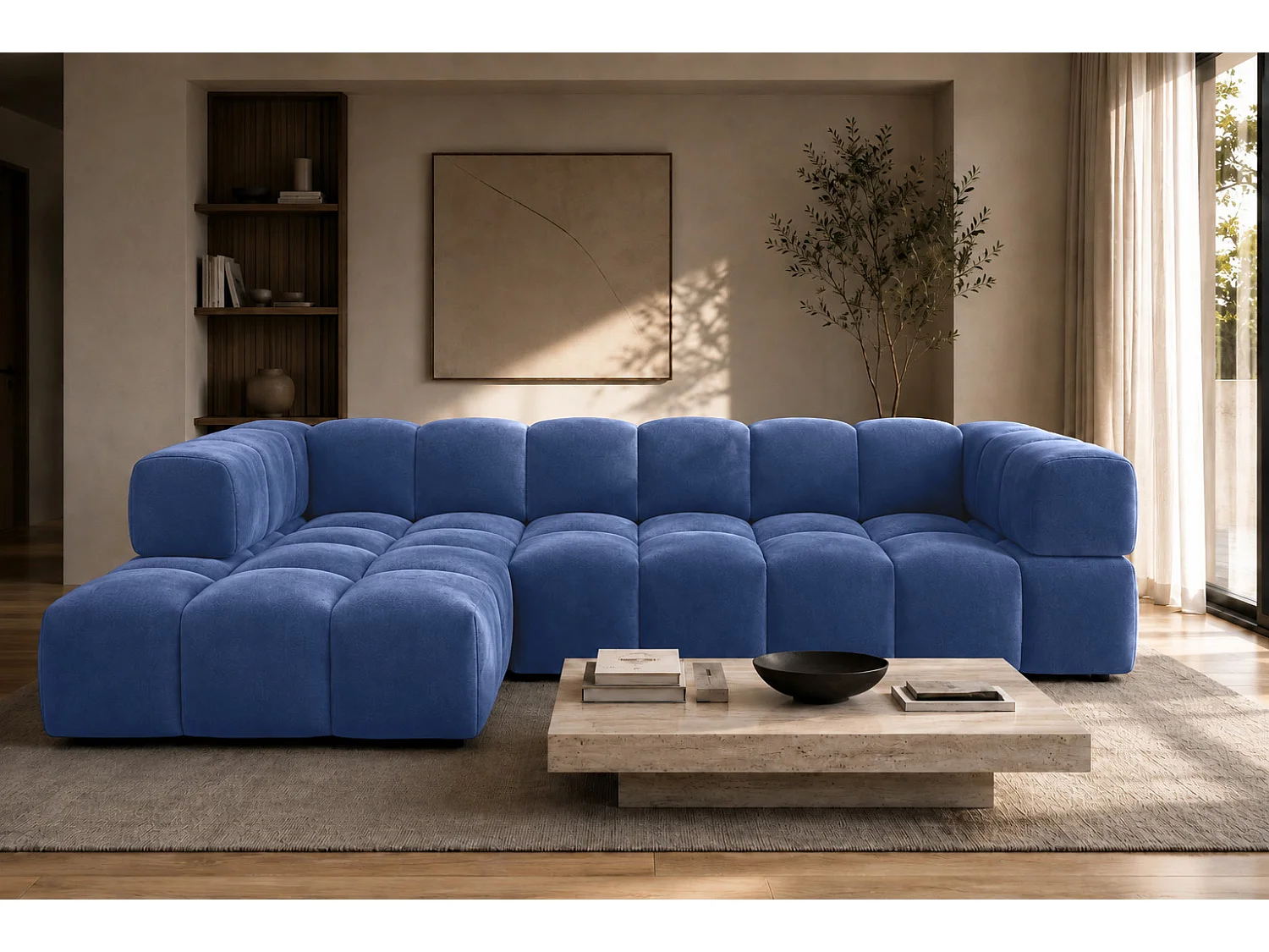 Divano angolare a L, tessuto velluto Bluvel, blu inchiostro, sinistra, Averro XL