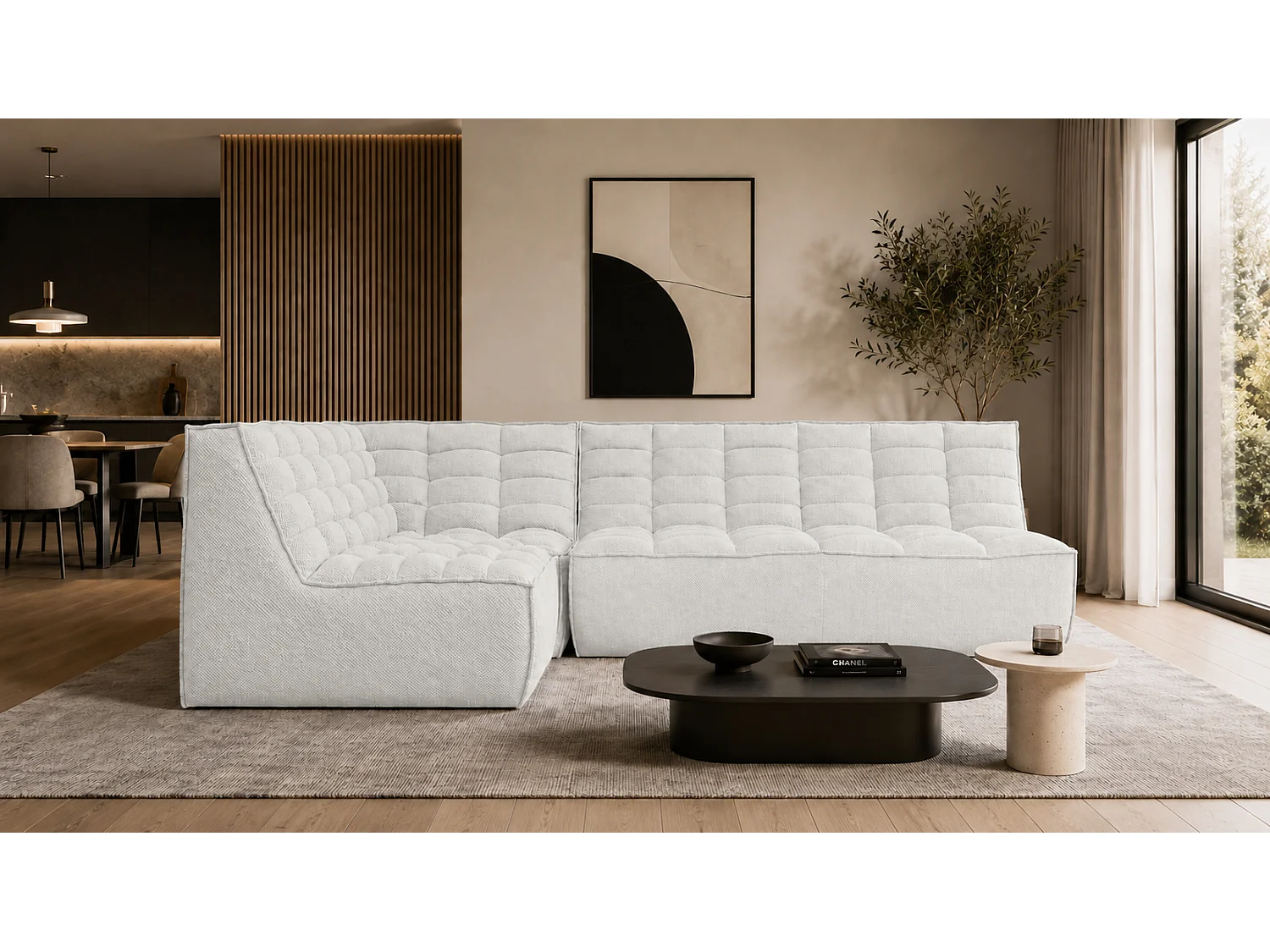 Divano angolare modulare a L, tessuto peluche Pop, bianco ghiaccio, sinistra, LAZY L mini