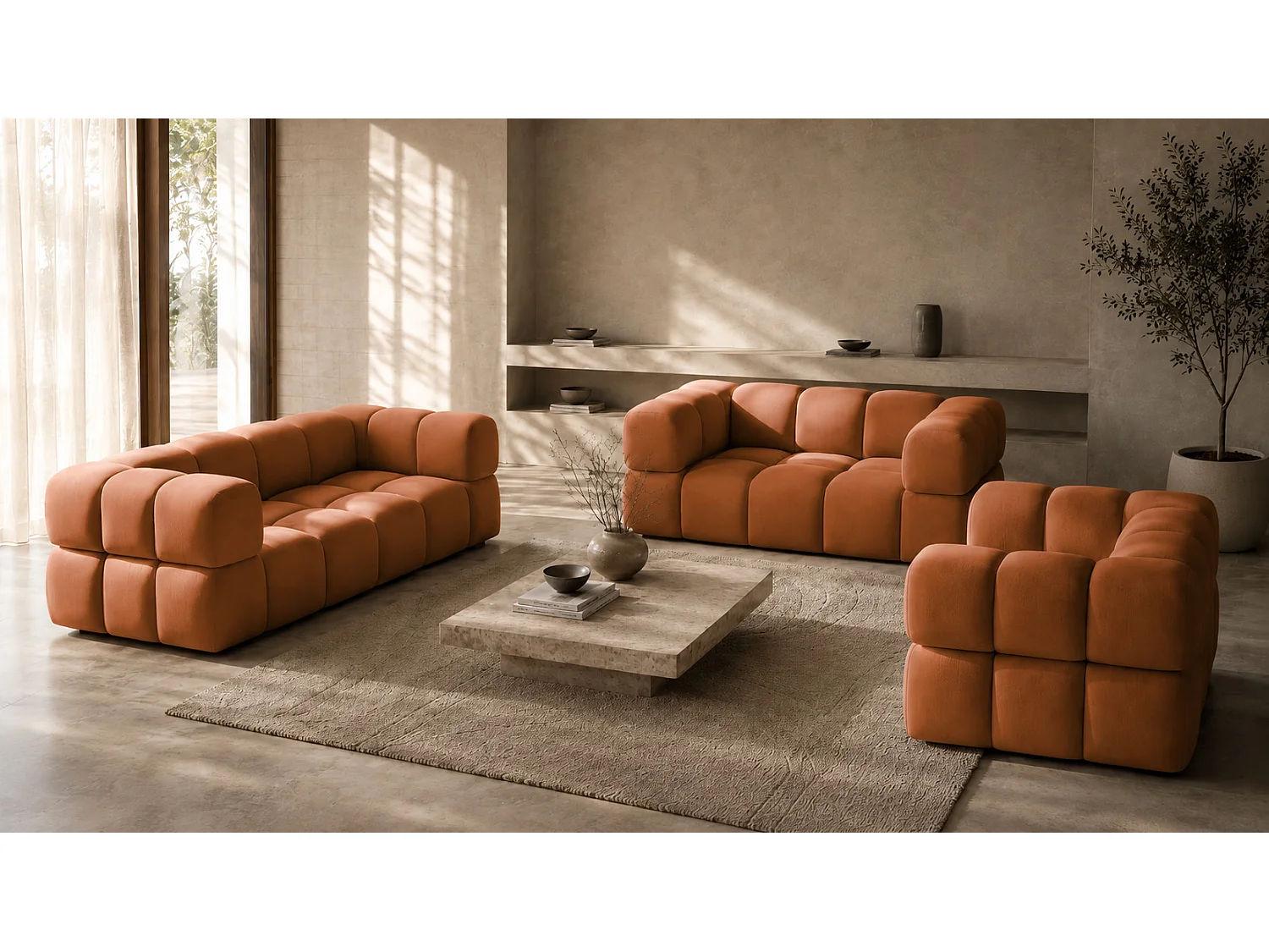Sofagarnitur, Set 3+2+1, Veloursstoff Bluvel, Zimtfarbe, AVERRO 3+2+1