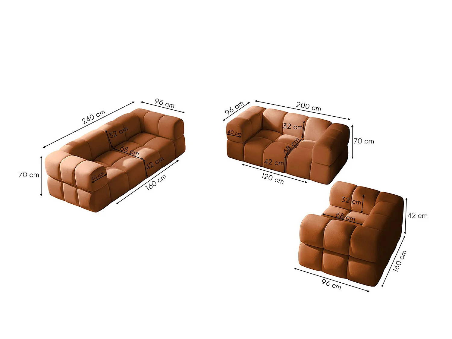 Sofagarnitur, Set 3+2+1, Veloursstoff Bluvel, Zimtfarbe, AVERRO 3+2+1