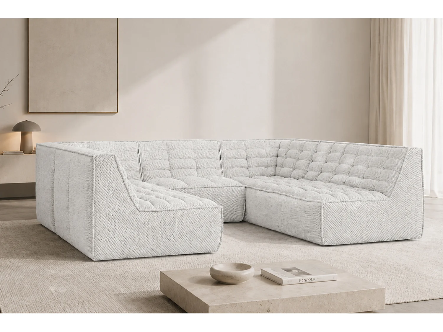 Canapé d’angle modulable Corner en U, tissu peluche Pop, blanc glacé, LAZY U CORNER