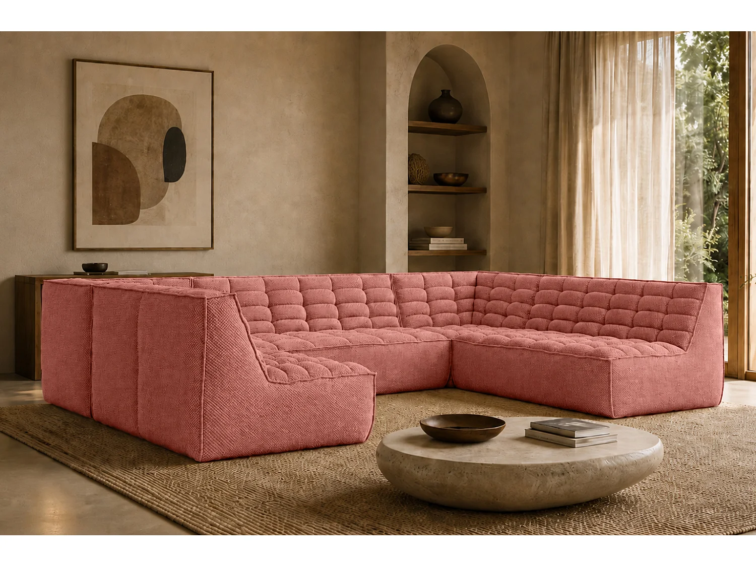 Canapé d’angle modulable U XL en U, tissu peluche Pop, rose, LAZY U XL