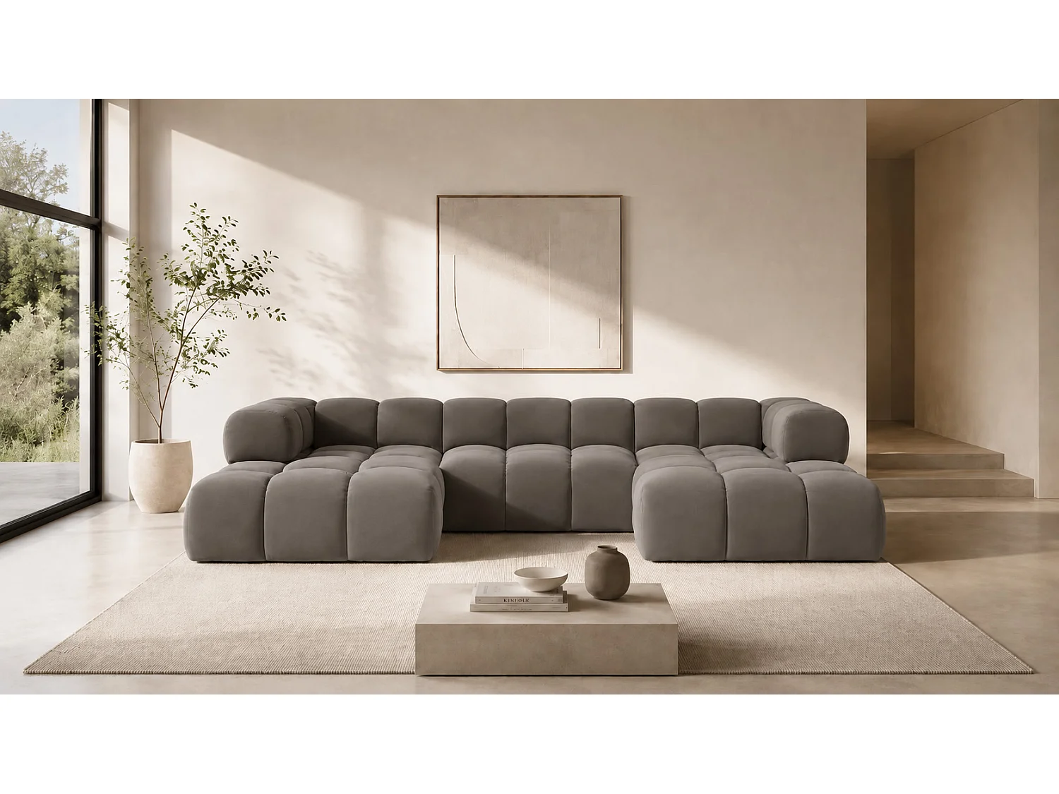 Divano angolare a U, tessuto velluto Bluvel, grigio cenere, Averro U