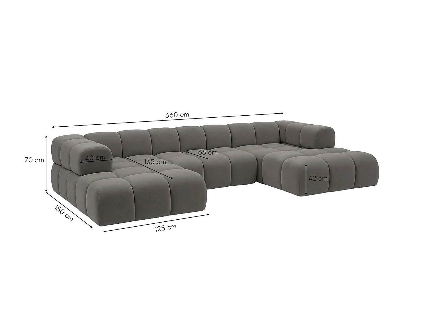 Divano angolare a U, tessuto velluto Bluvel, grigio cenere, Averro U