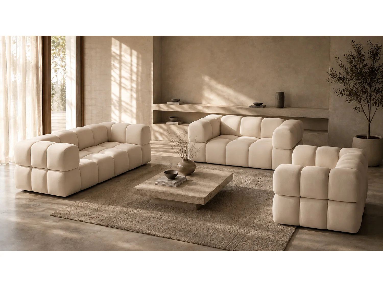 Sofagarnitur, Set 3+2+1, Veloursstoff Bluvel, Creme, AVERRO 3+2+1