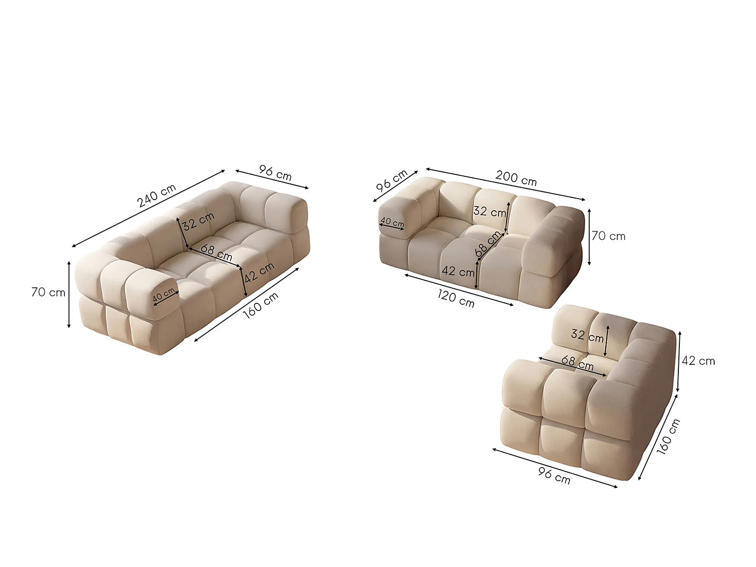 Sofagarnitur, Set 3+2+1, Veloursstoff Bluvel, Creme, AVERRO 3+2+1