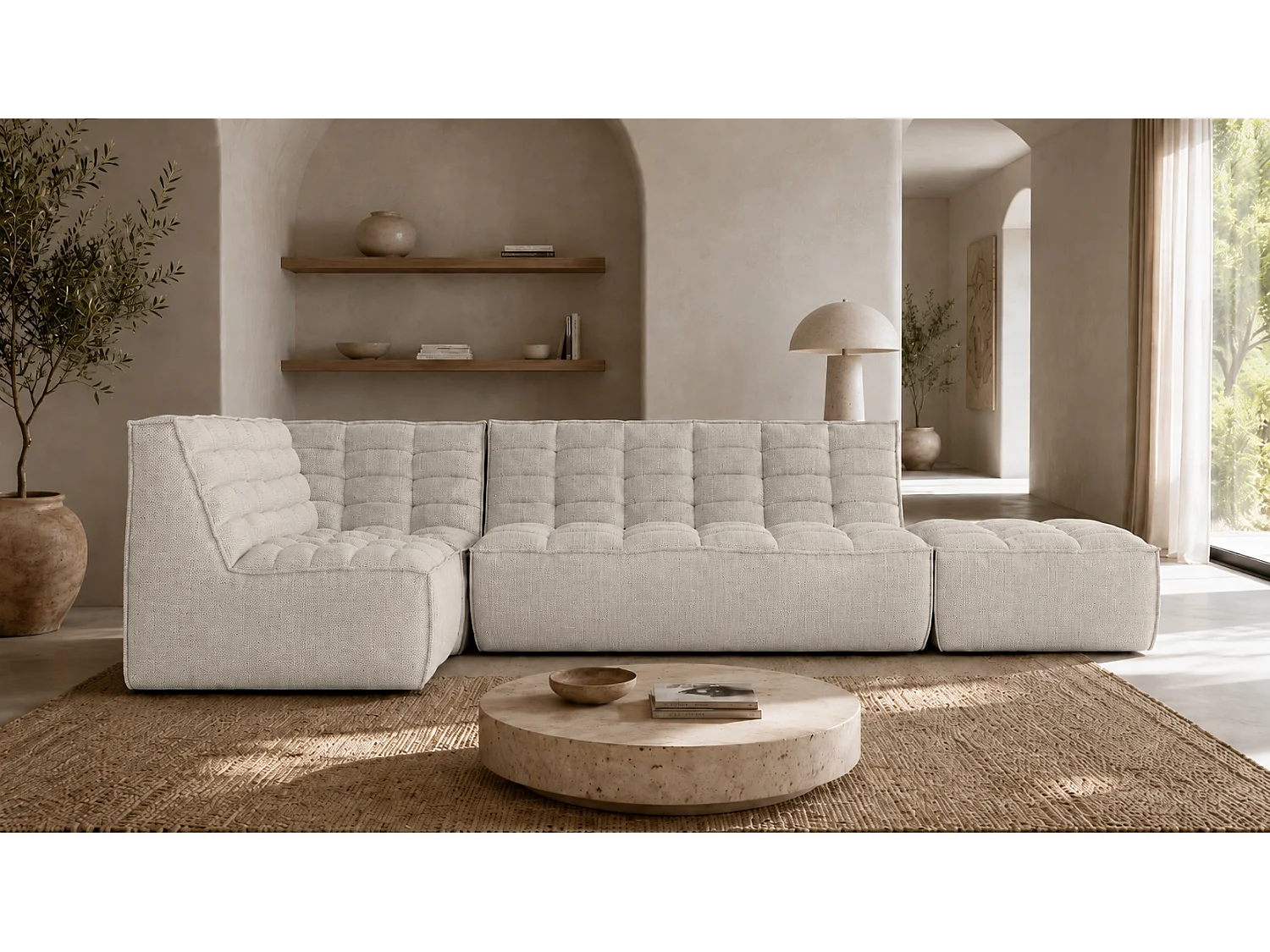 Canapé d’angle modulable en L avec pouf, tissu peluche Pop, beige, gauche, LAZY L avec pouf