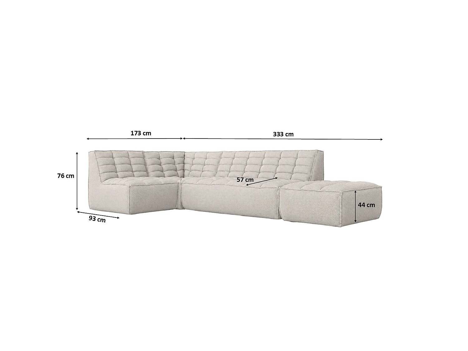 Canapé d’angle modulable en L avec pouf, tissu peluche Pop, beige, gauche, LAZY L avec pouf