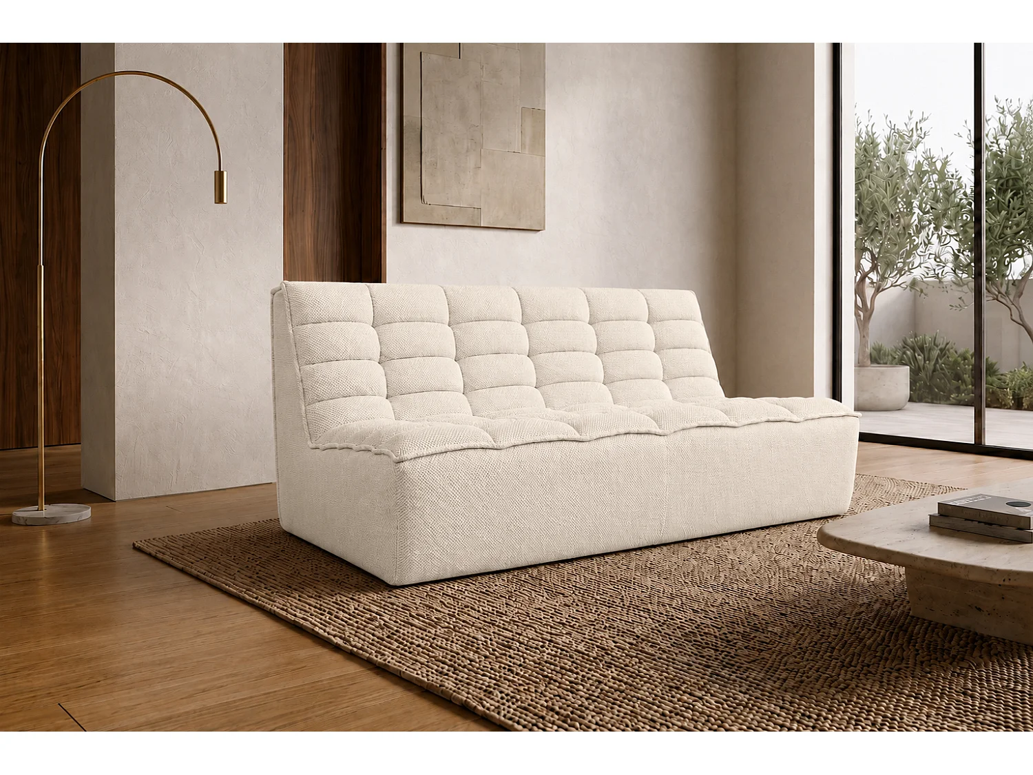 Canapé 2 places modulaire, tissu peluche Pop, crème, LAZY