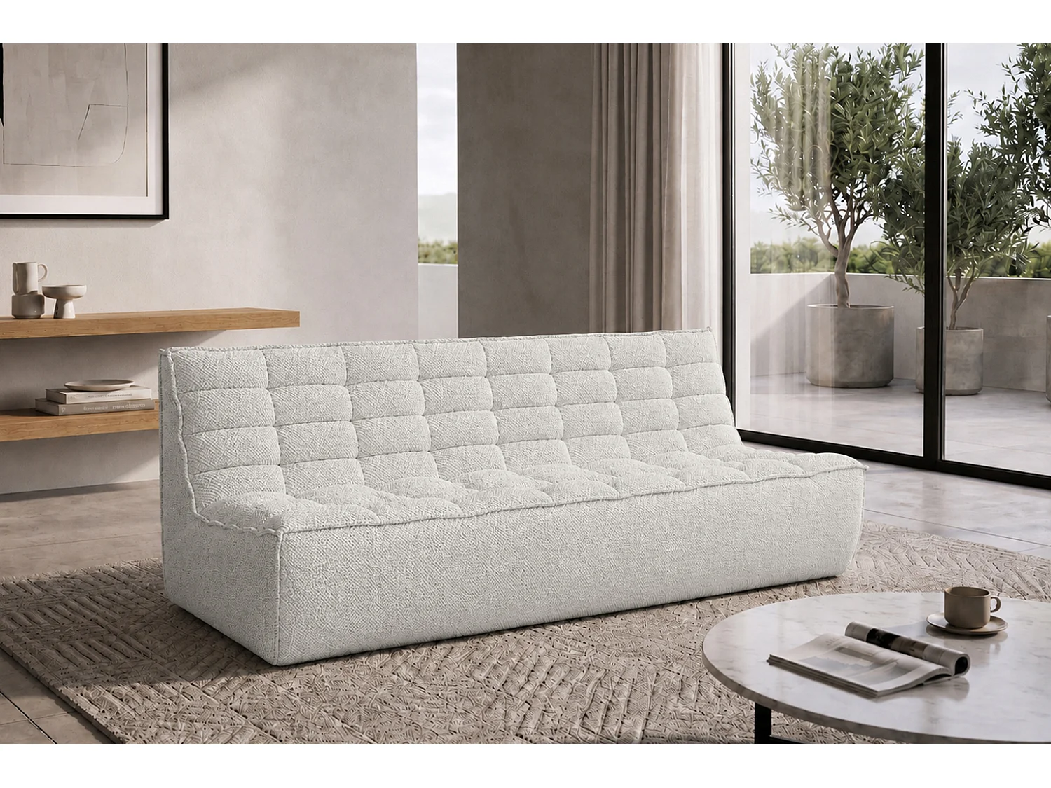 Canapé 3 places modulable, tissu peluche Pop, blanc glacé, LAZY