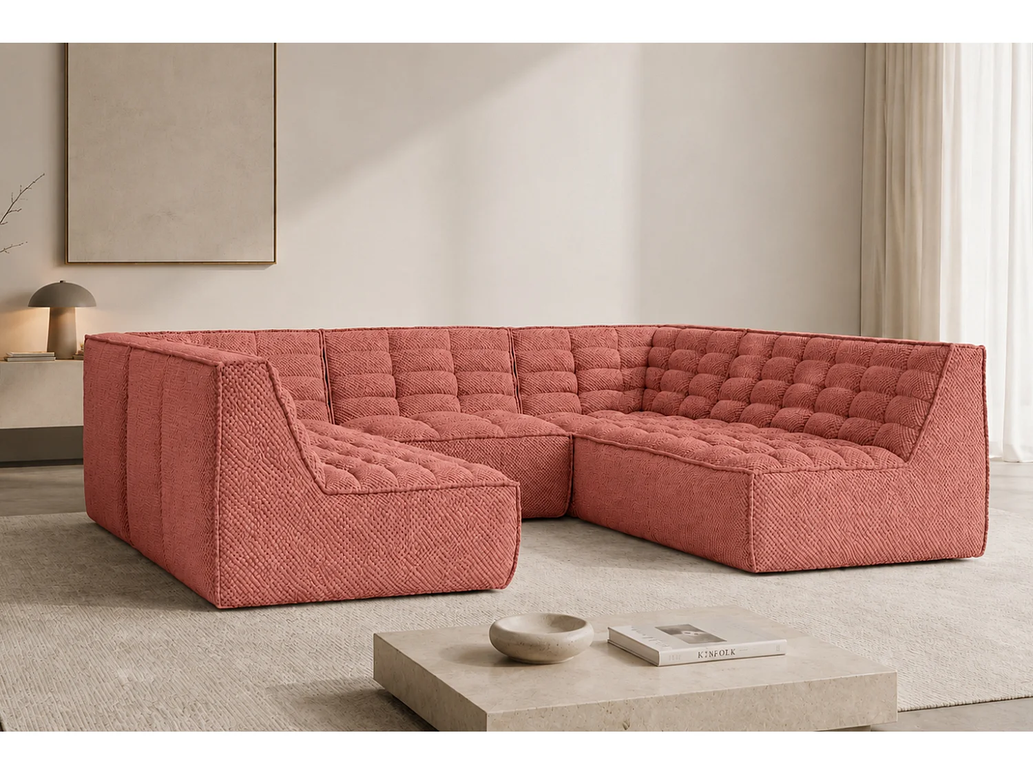 Canapé d’angle modulable Corner en U, tissu peluche Pop, rose, LAZY U CORNER