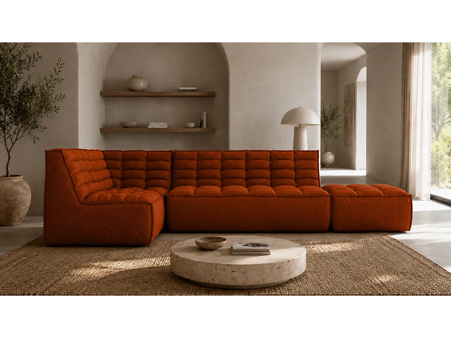 Canapé d’angle modulable en L avec pouf, tissu peluche Pop, cuivre, gauche, LAZY L avec pouf