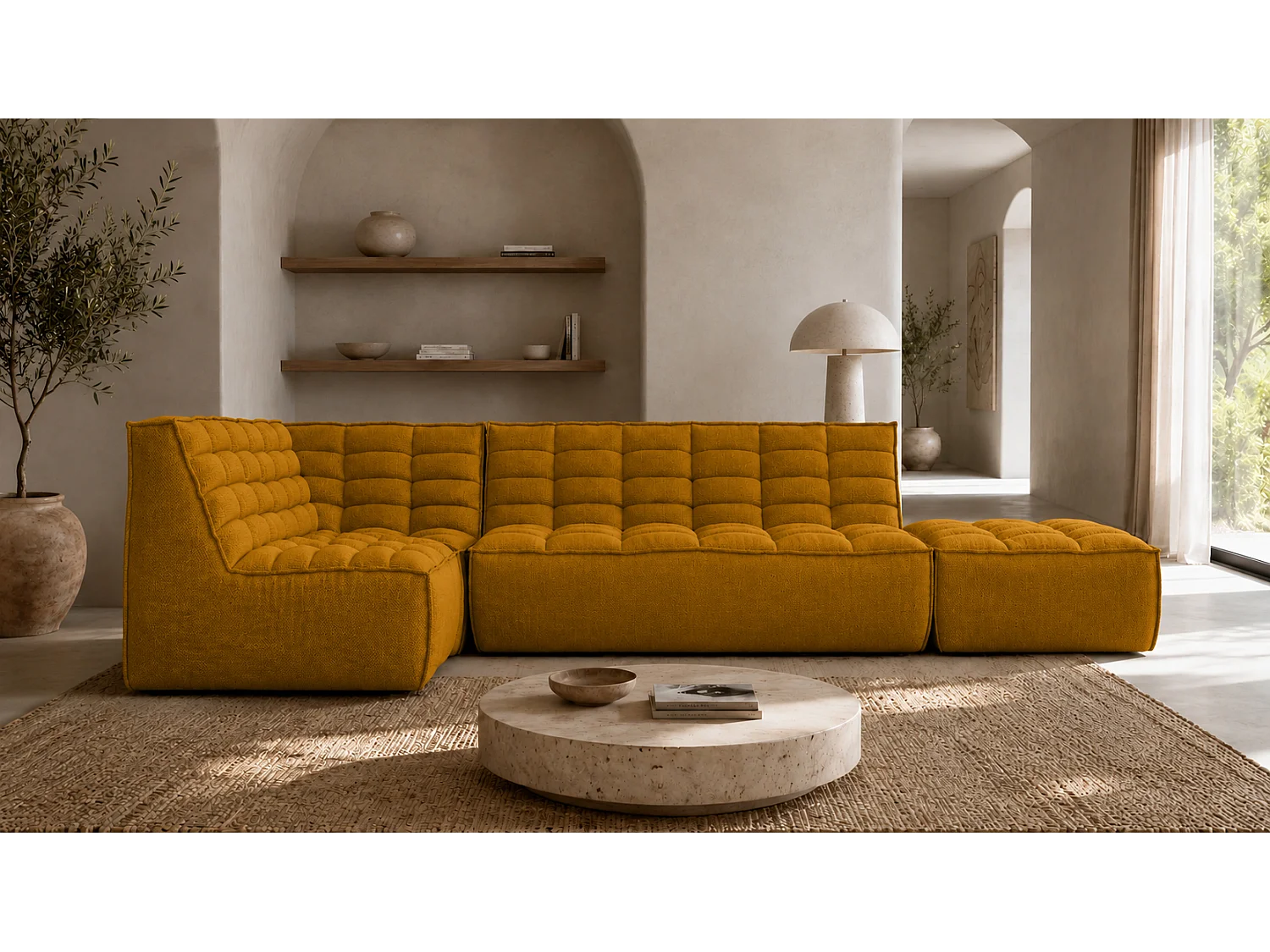 Canapé d’angle modulable en L avec pouf, tissu peluche Pop, moutarde, gauche, LAZY L avec pouf