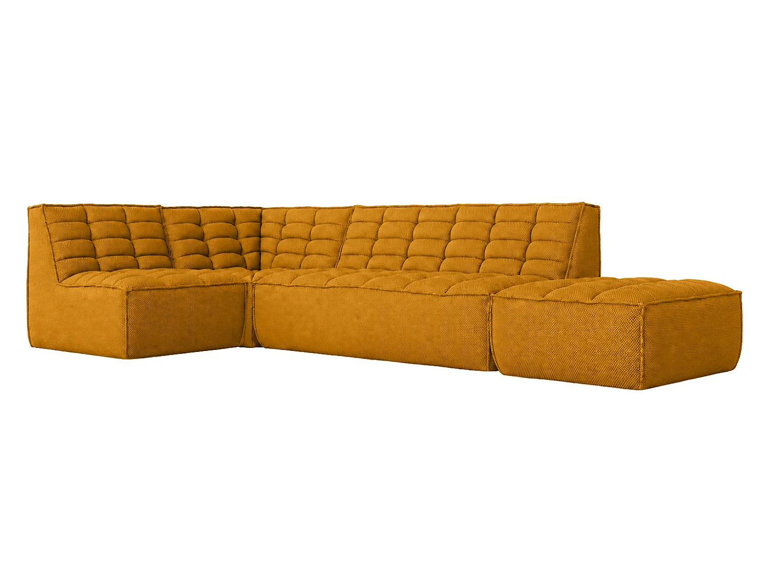 Canapé d’angle modulable en L avec pouf, tissu peluche Pop, moutarde, gauche, LAZY L avec pouf