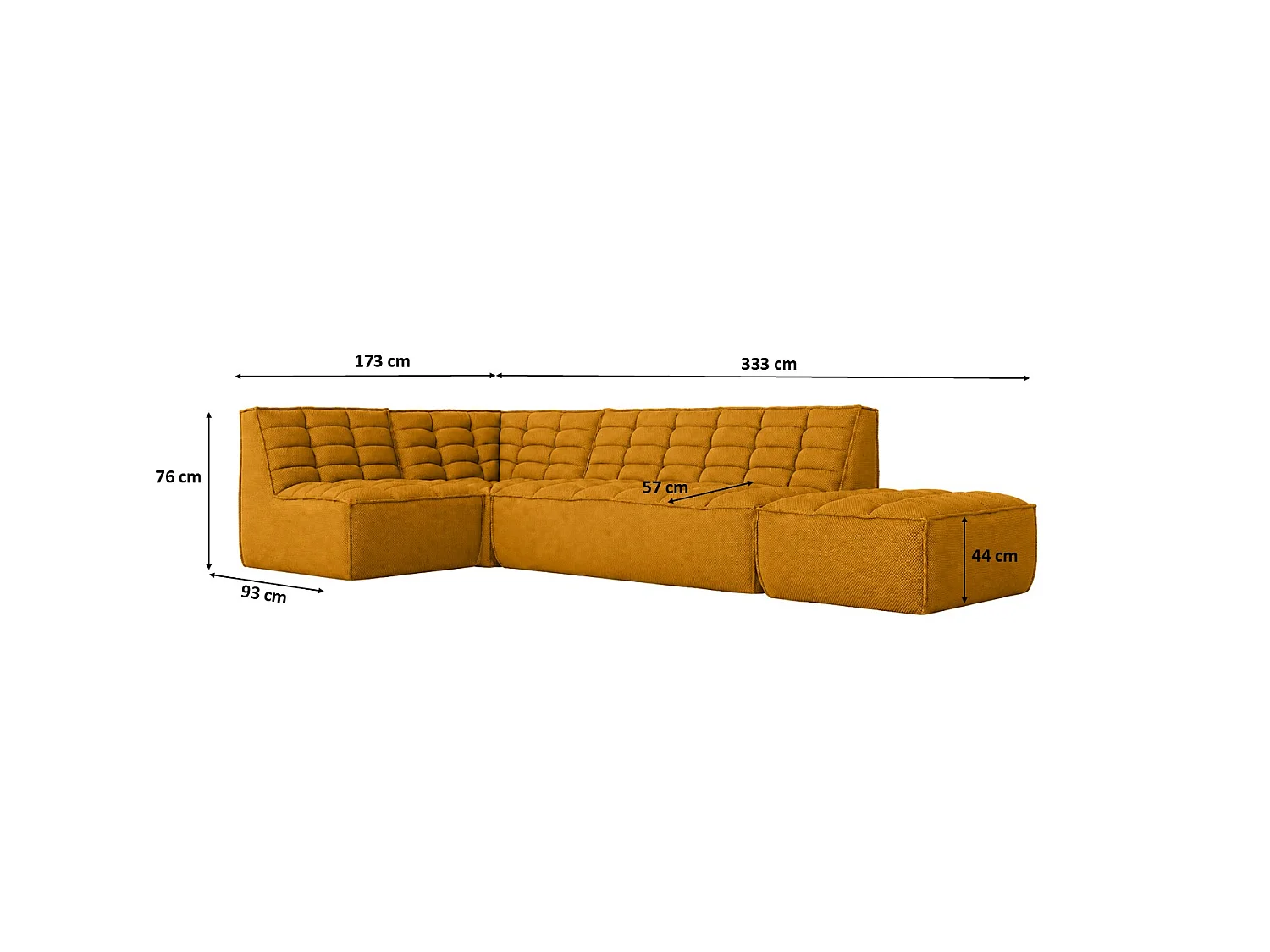 Canapé d’angle modulable en L avec pouf, tissu peluche Pop, moutarde, gauche, LAZY L avec pouf