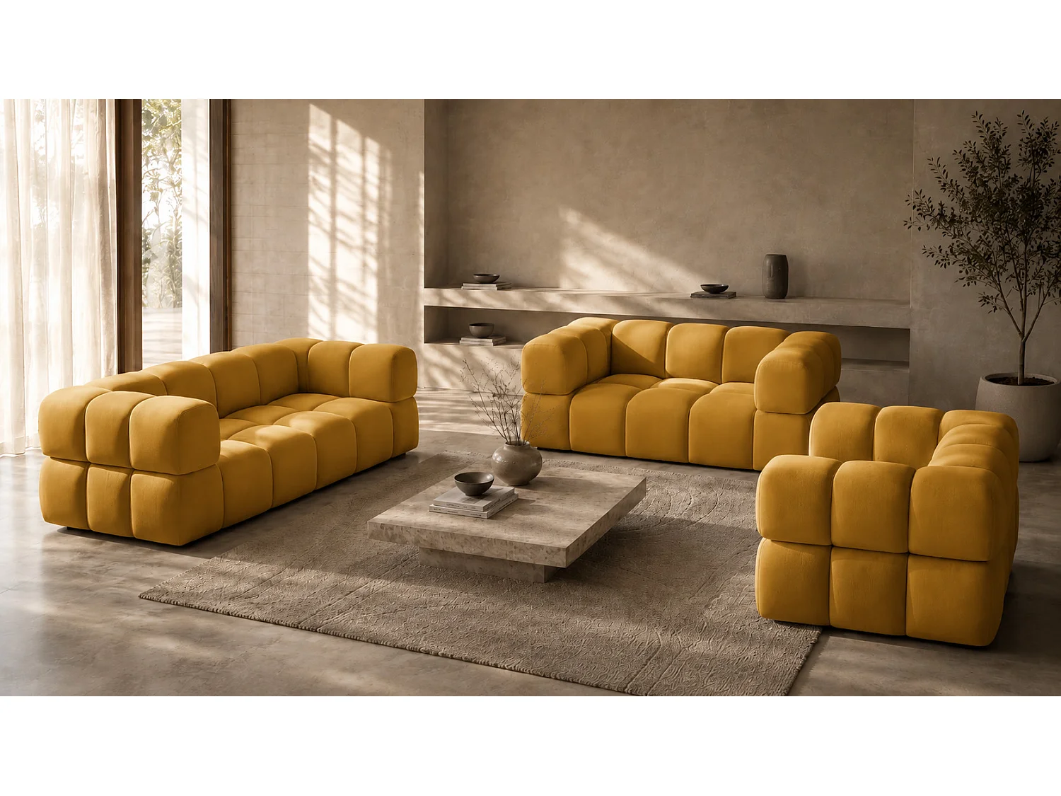 Sofagarnitur, Set 3+2+1, Veloursstoff Bluvel, Golden, AVERRO 3+2+1