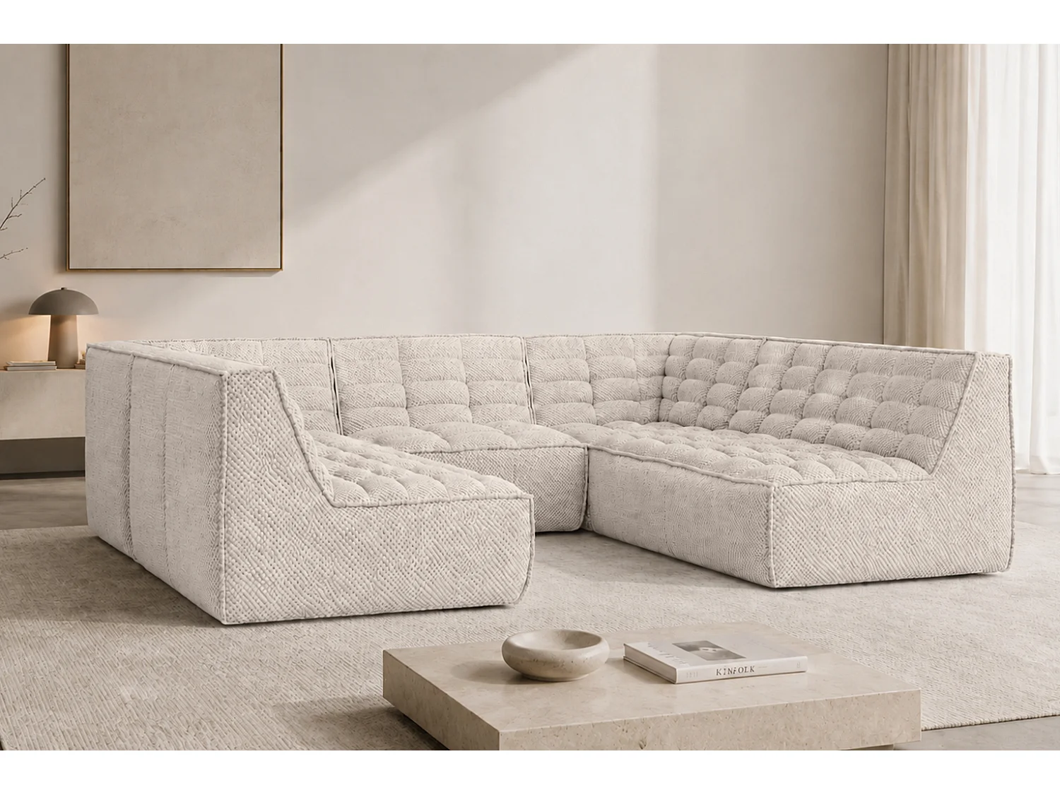 Canapé d’angle modulable Corner en U, tissu peluche Pop, beige, LAZY U CORNER