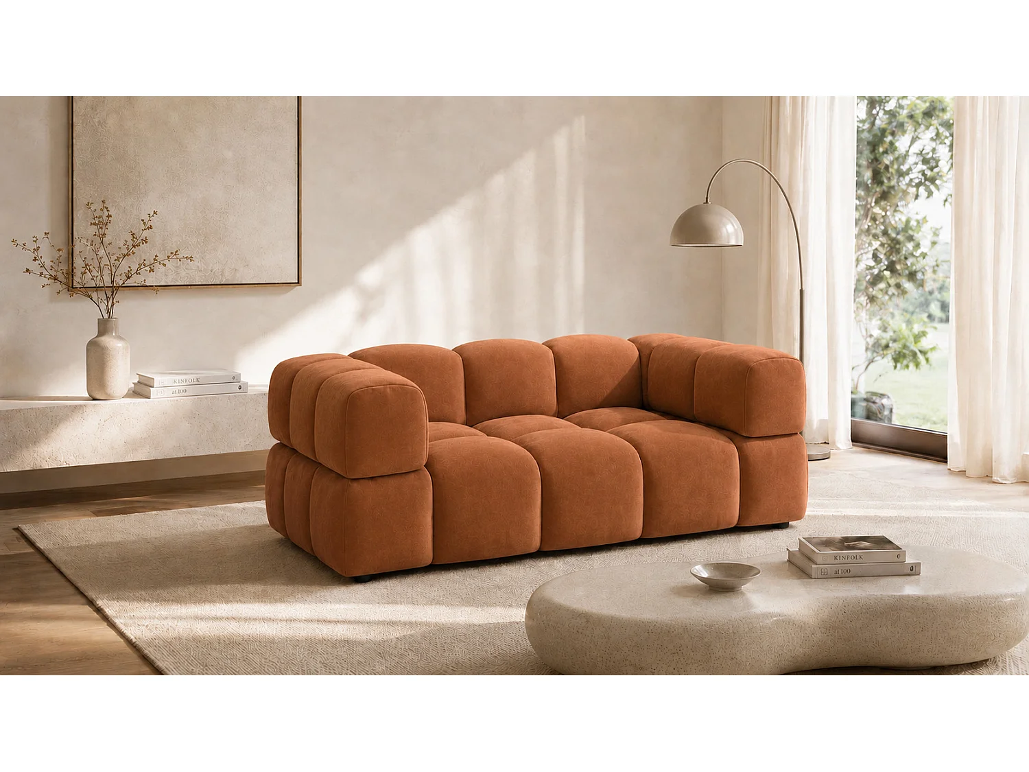 2-zitsbank, bank, veloursstof Bluvel, kaneelkleur, Averro