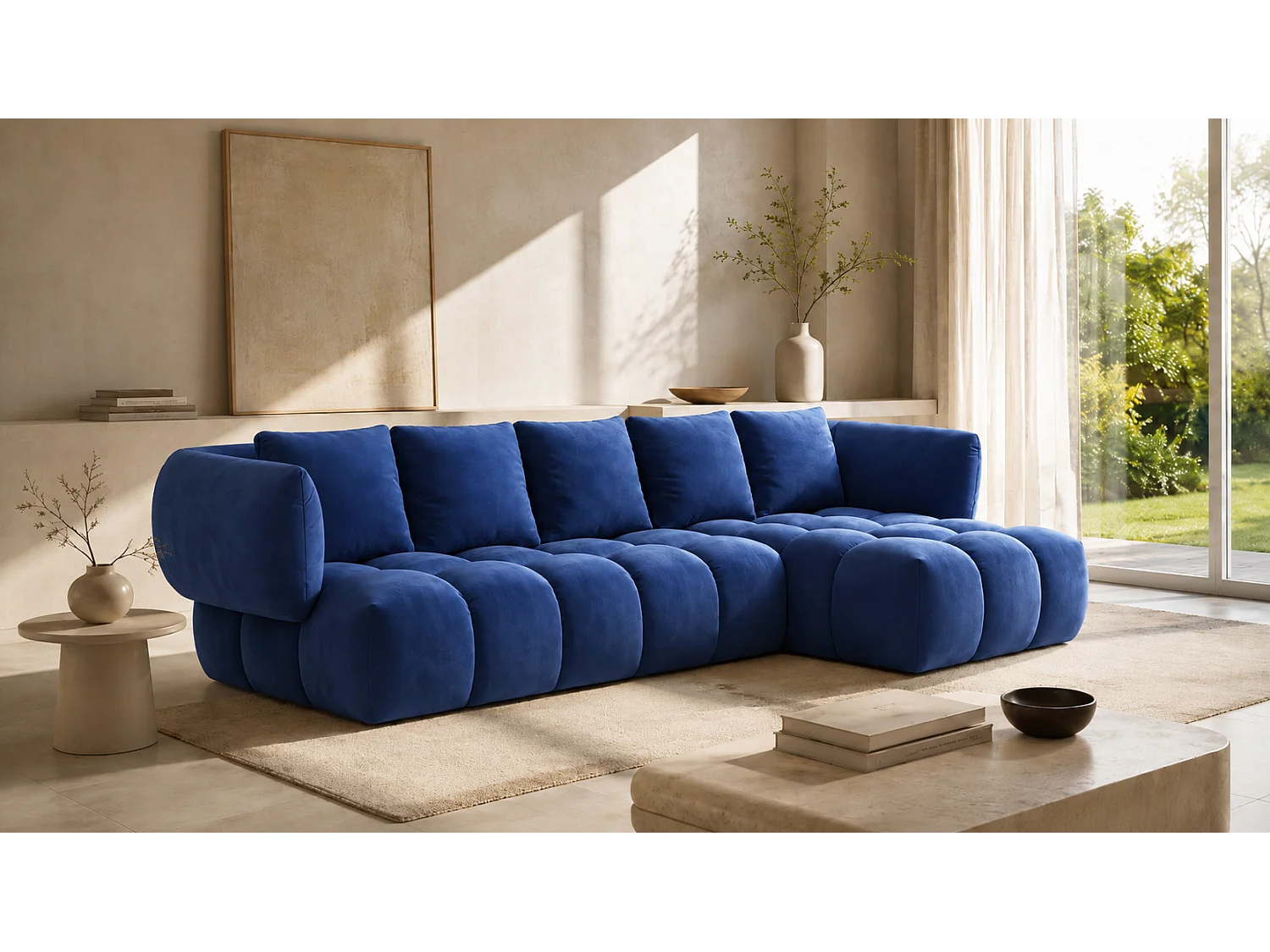 Divano angolare a L, tessuto velluto Bluvel, blu inchiostro, destra, SEVIO L