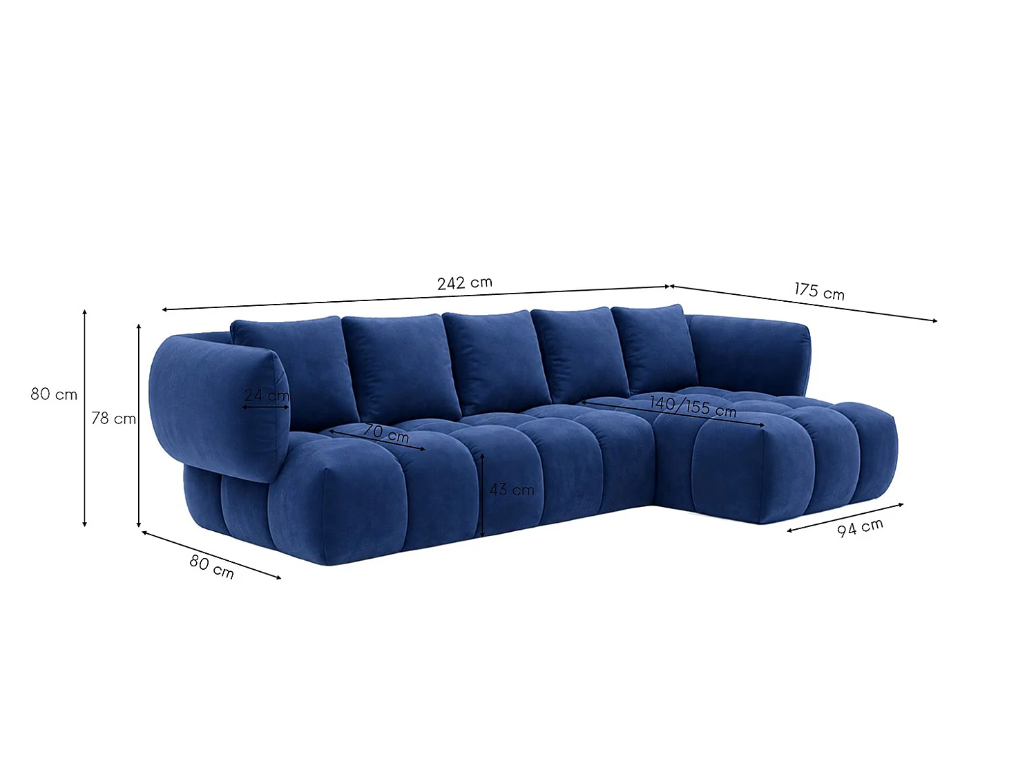 Divano angolare a L, tessuto velluto Bluvel, blu inchiostro, destra, SEVIO L