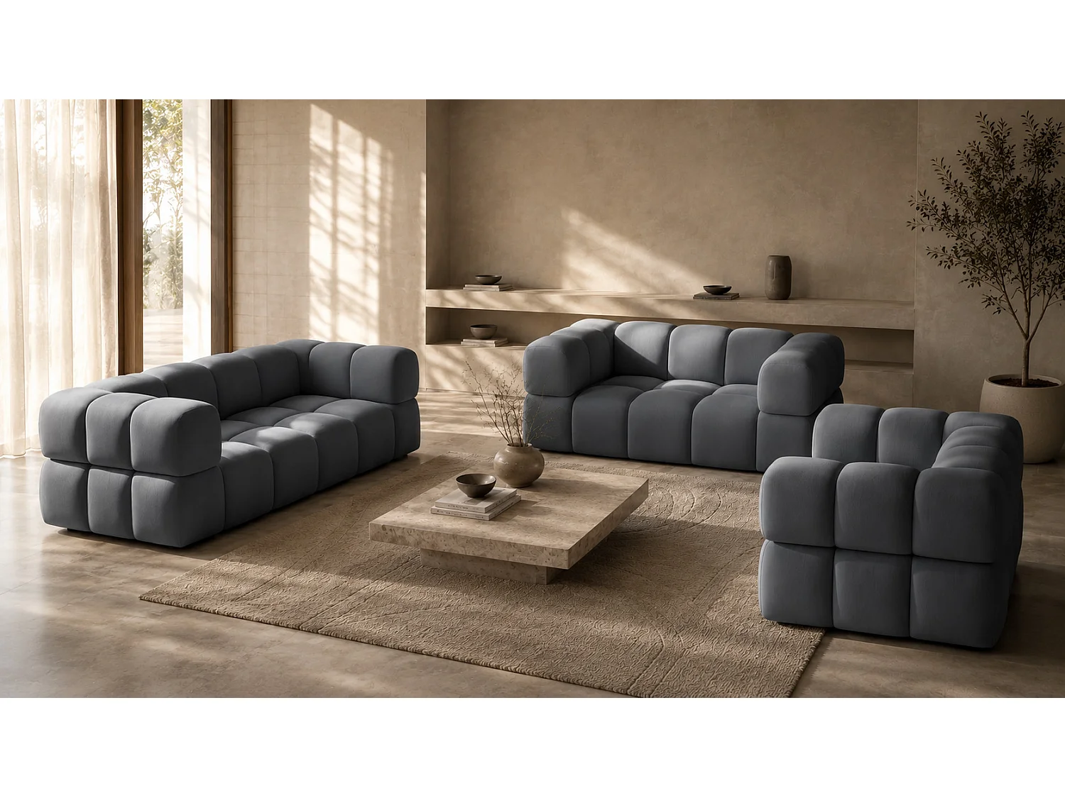 Sofagarnitur, Set 3+2+1, Veloursstoff Bluvel, Blaugrau, AVERRO 3+2+1