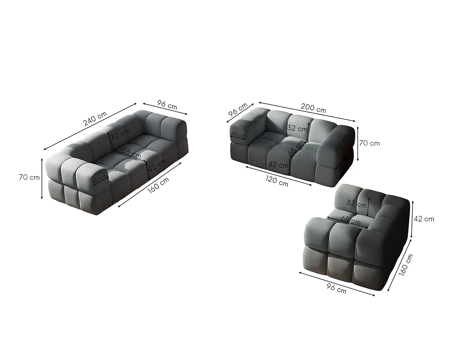 Sofagarnitur, Set 3+2+1, Veloursstoff Bluvel, Blaugrau, AVERRO 3+2+1