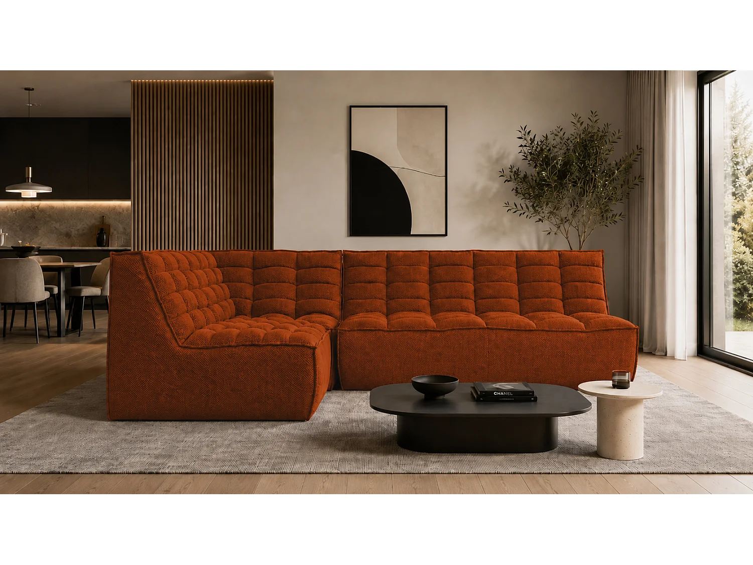 Canapé d’angle modulable en L, tissu peluche Pop, cuivre, gauche, LAZY L mini