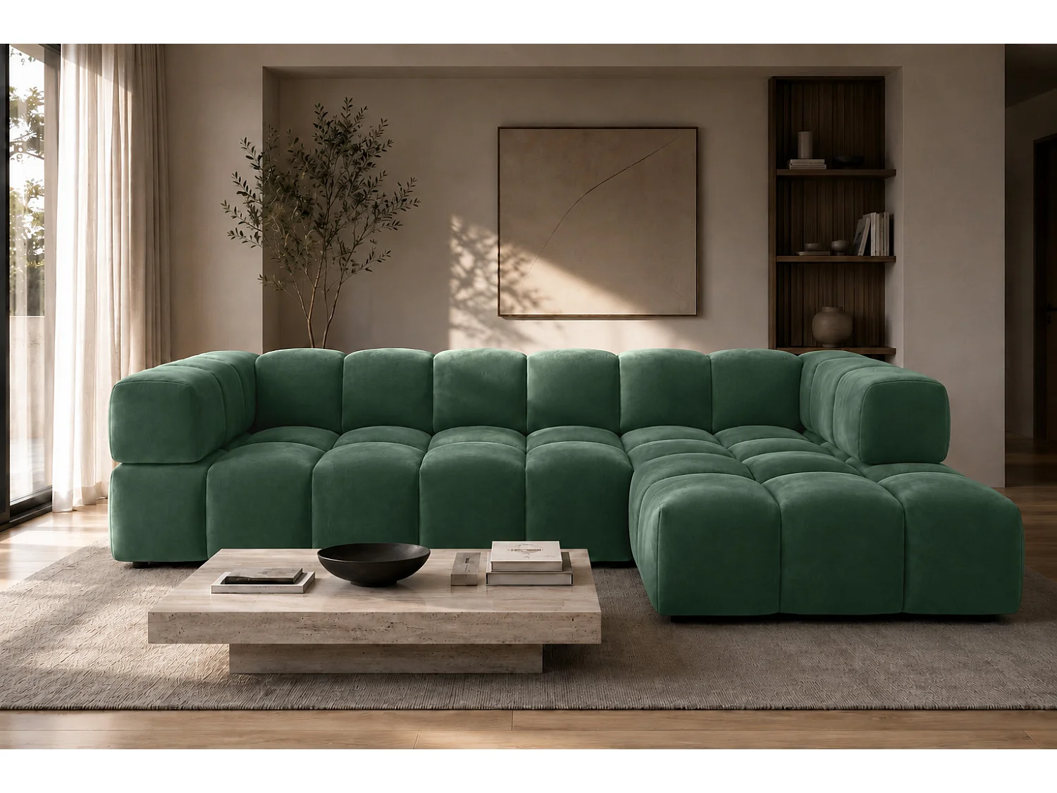 Divano angolare a L, tessuto velluto Bluvel, verde, destra, Averro XL