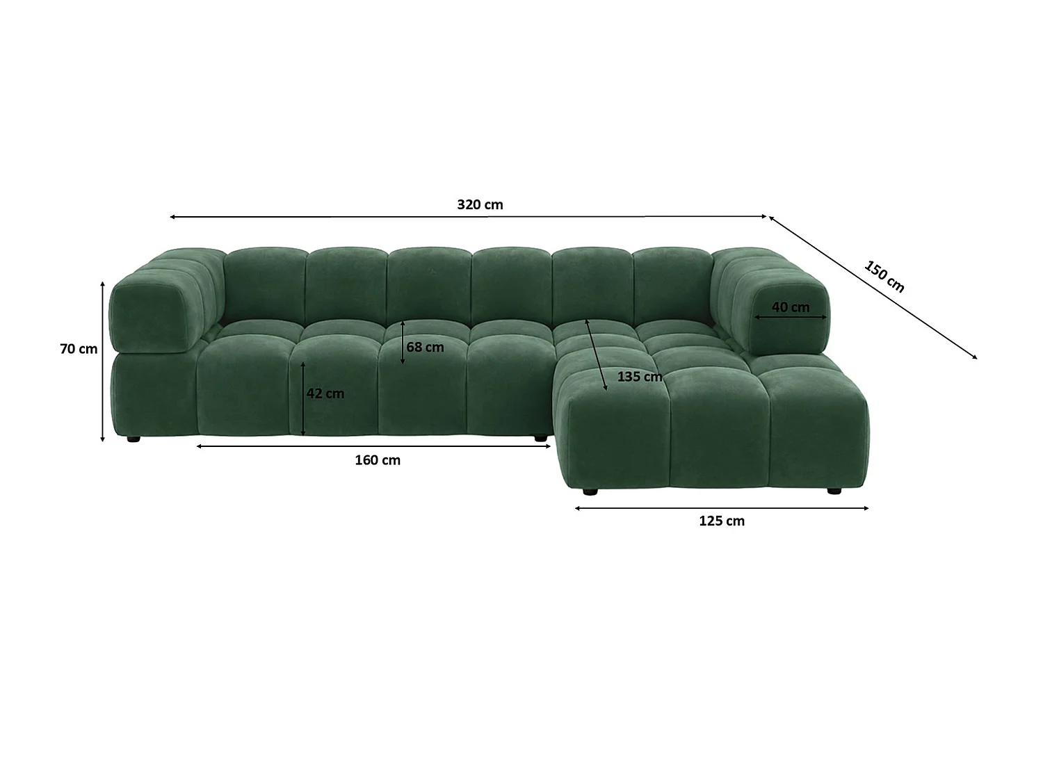 Divano angolare a L, tessuto velluto Bluvel, verde, destra, Averro XL