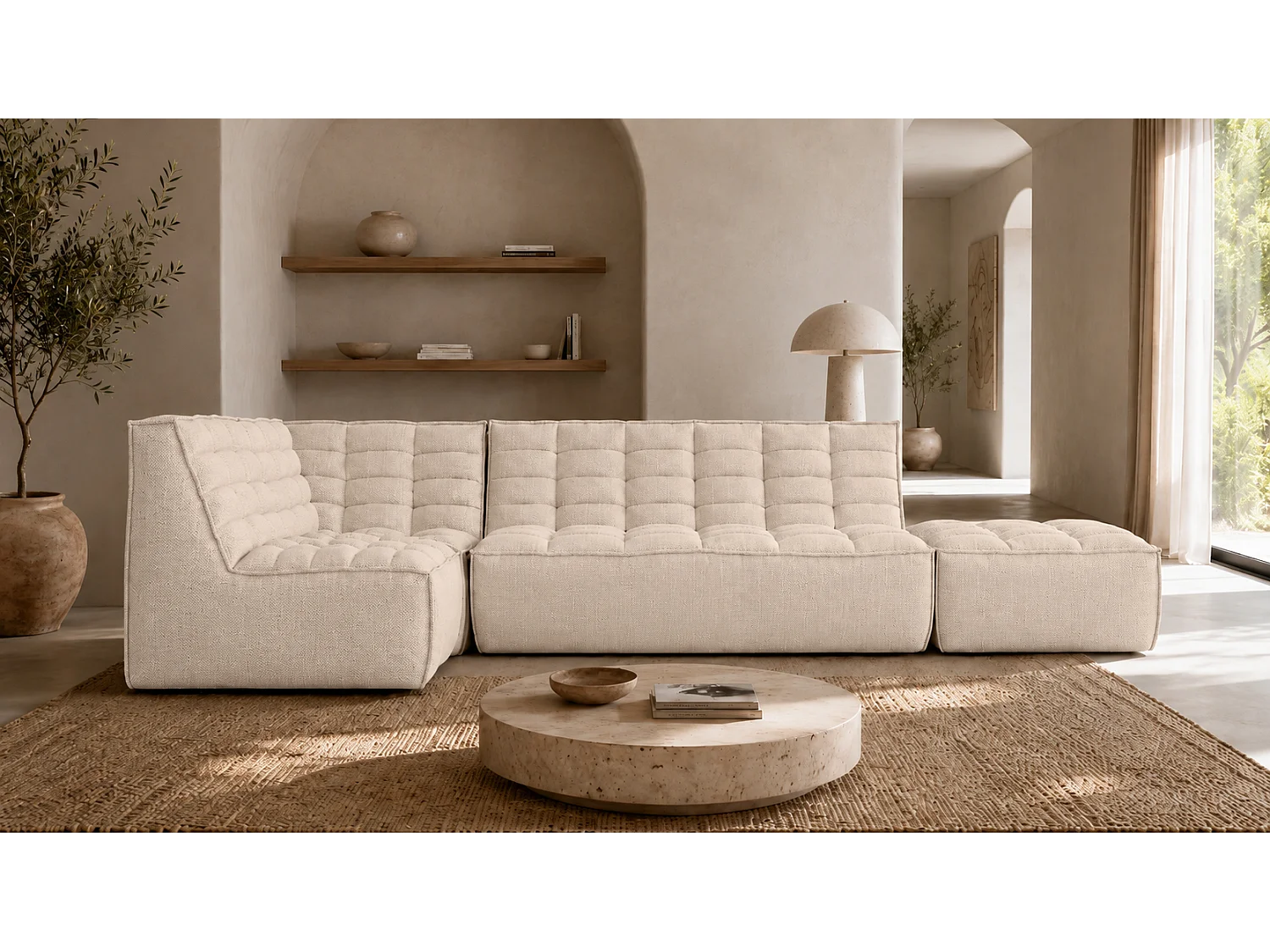 Canapé d’angle modulable en L avec pouf, tissu peluche Pop, crème, gauche, LAZY L avec pouf