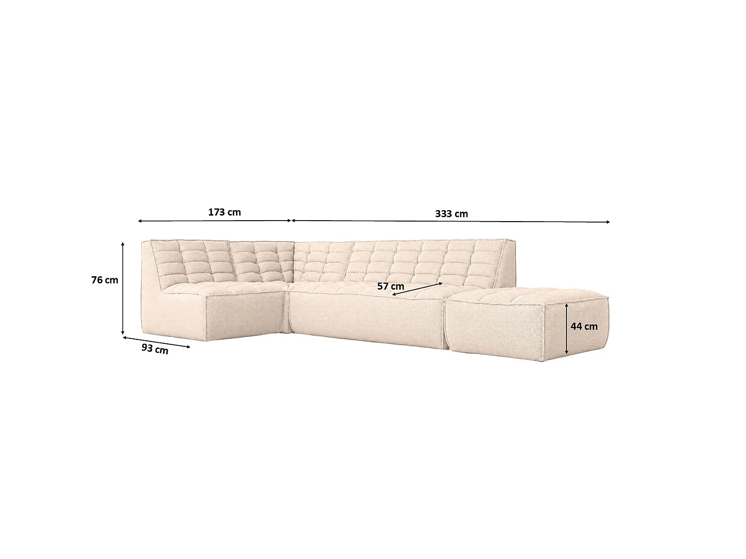 Canapé d’angle modulable en L avec pouf, tissu peluche Pop, crème, gauche, LAZY L avec pouf