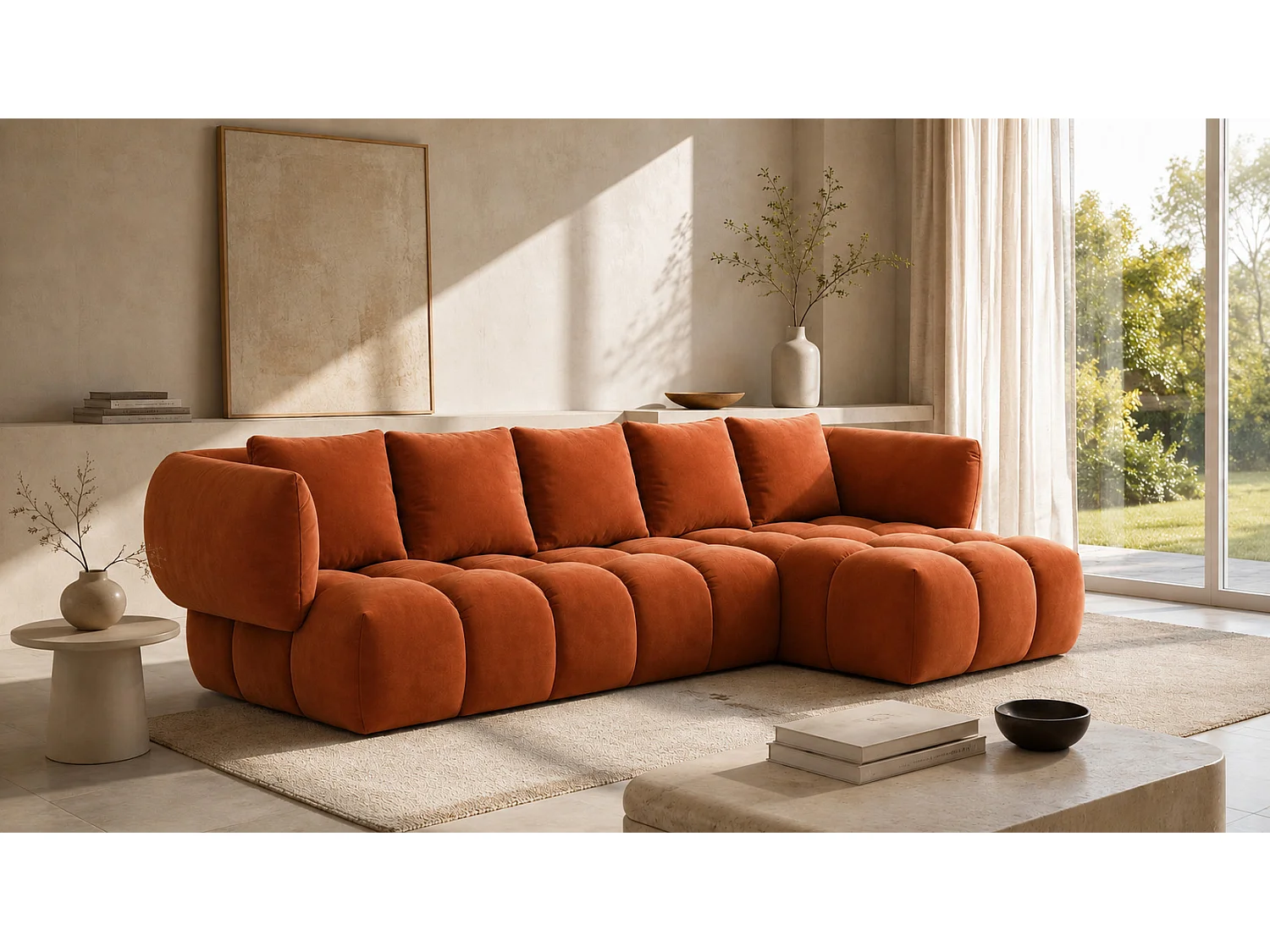 Divano angolare a L, tessuto velluto Bluvel, color cannella, destra, SEVIO L
