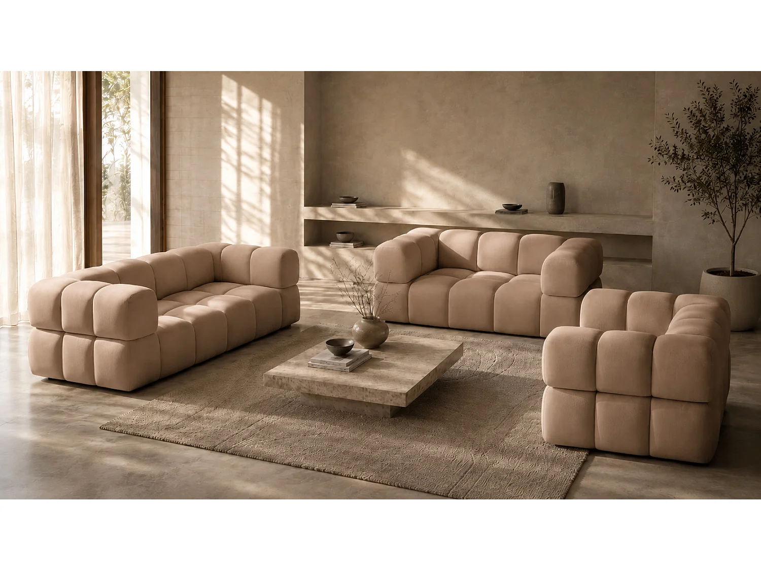 Sofagarnitur, Set 3+2+1, Veloursstoff Bluvel, Latte, AVERRO 3+2+1