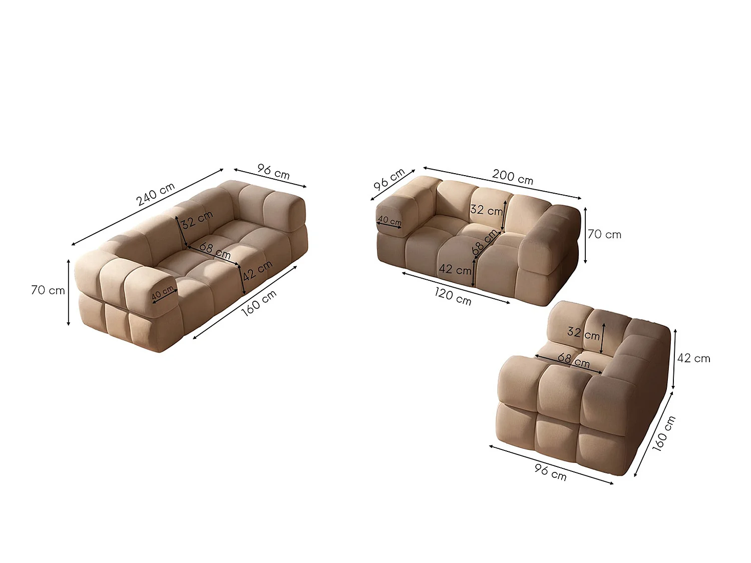 Sofagarnitur, Set 3+2+1, Veloursstoff Bluvel, Latte, AVERRO 3+2+1