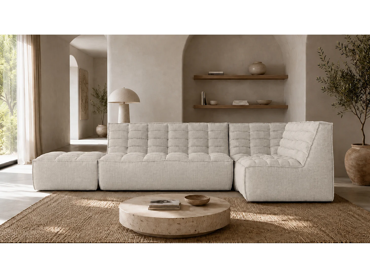 Canapé d’angle modulable en L avec pouf, tissu peluche Pop, beige, droite, LAZY L avec pouf