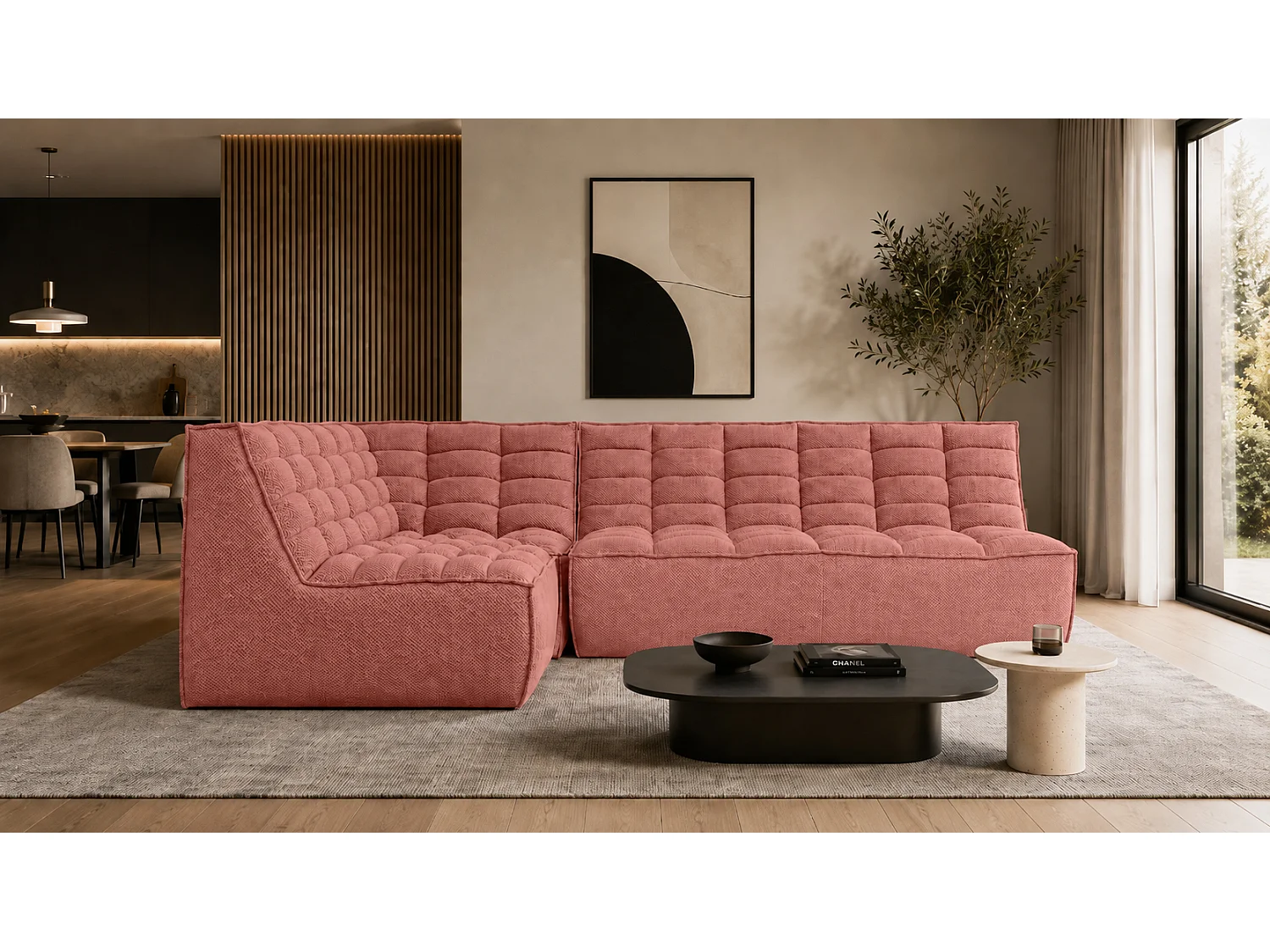Canapé d’angle modulable en L, tissu peluche Pop, rose, gauche, LAZY L mini