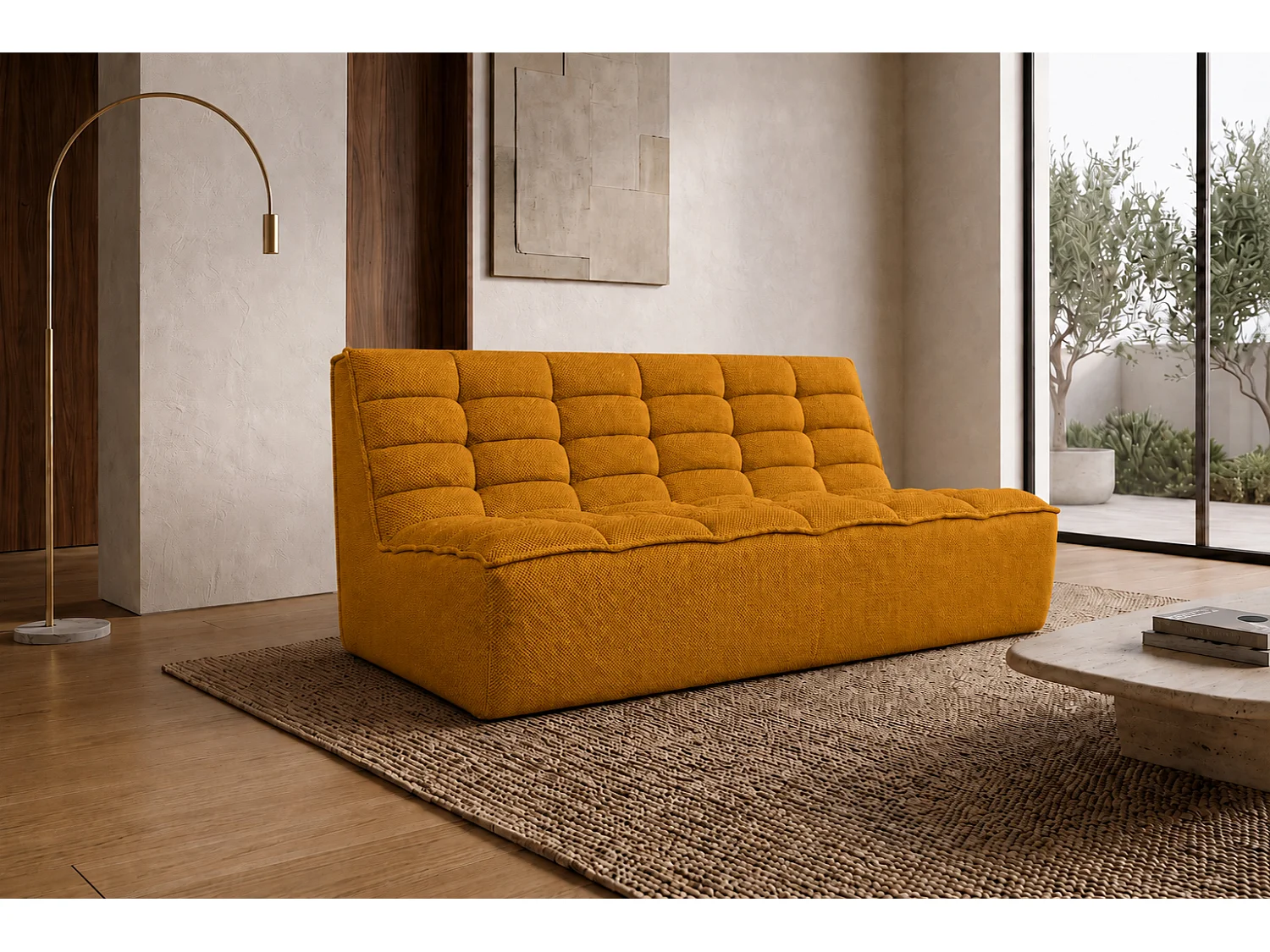 Canapé 2 places modulaire, tissu peluche Pop, moutarde, LAZY