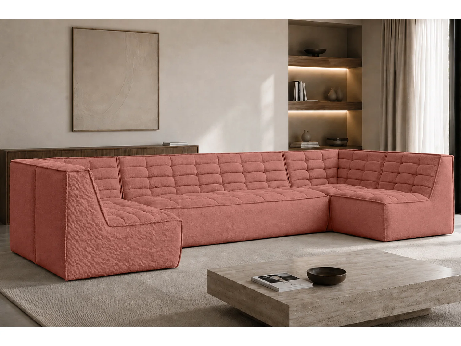 Canapé d’angle modulable en U, tissu peluche Pop, rose, LAZY U Medium