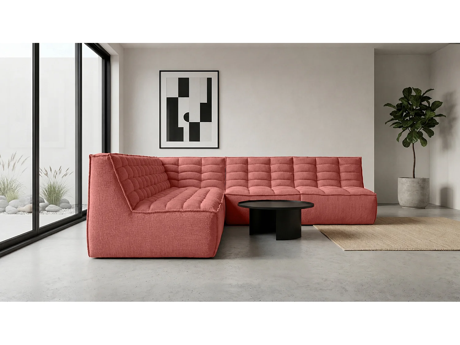 Canapé d’angle modulable en L, tissu peluche Pop, rose, gauche, LAZY L