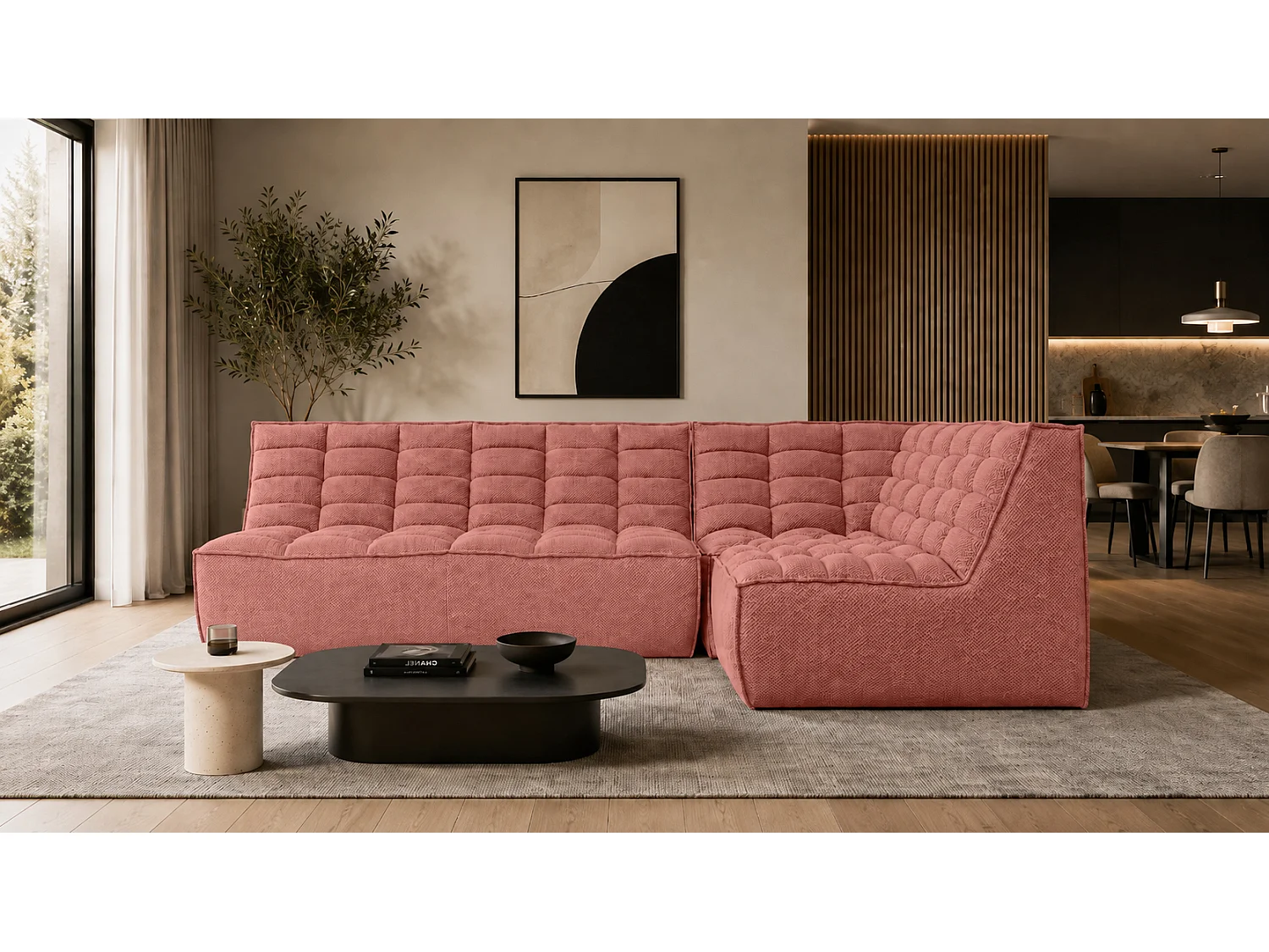 Canapé d’angle modulable en L, tissu peluche Pop, rose, droite, LAZY L mini