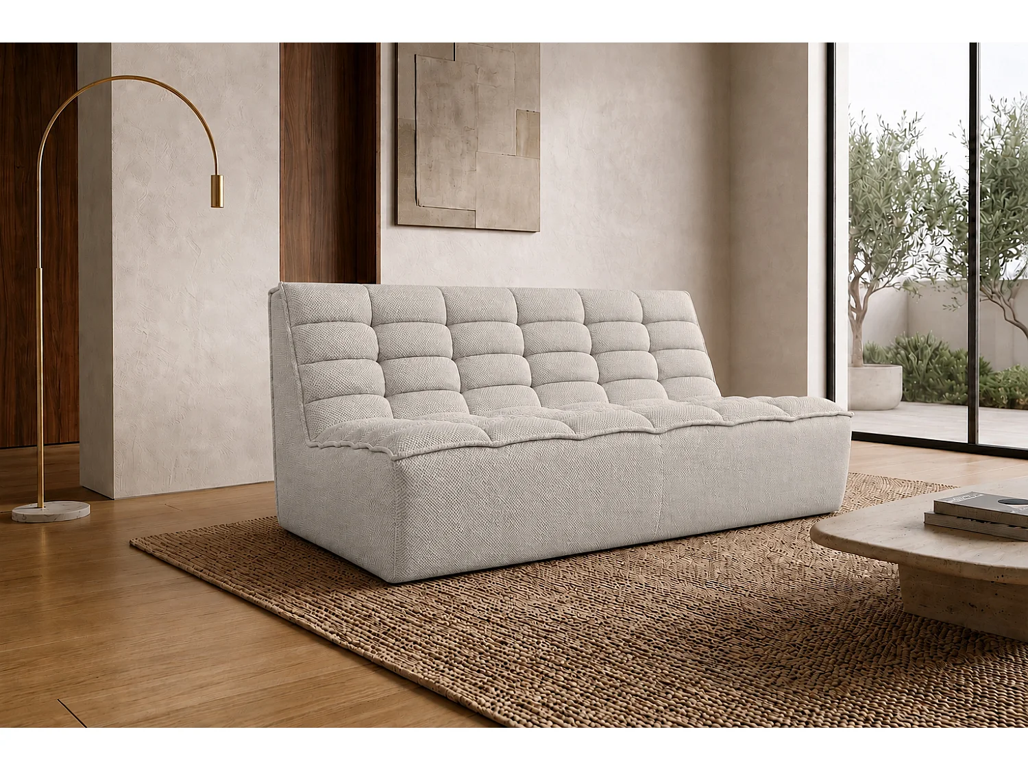 Canapé 2 places modulaire, tissu peluche Pop, beige, LAZY