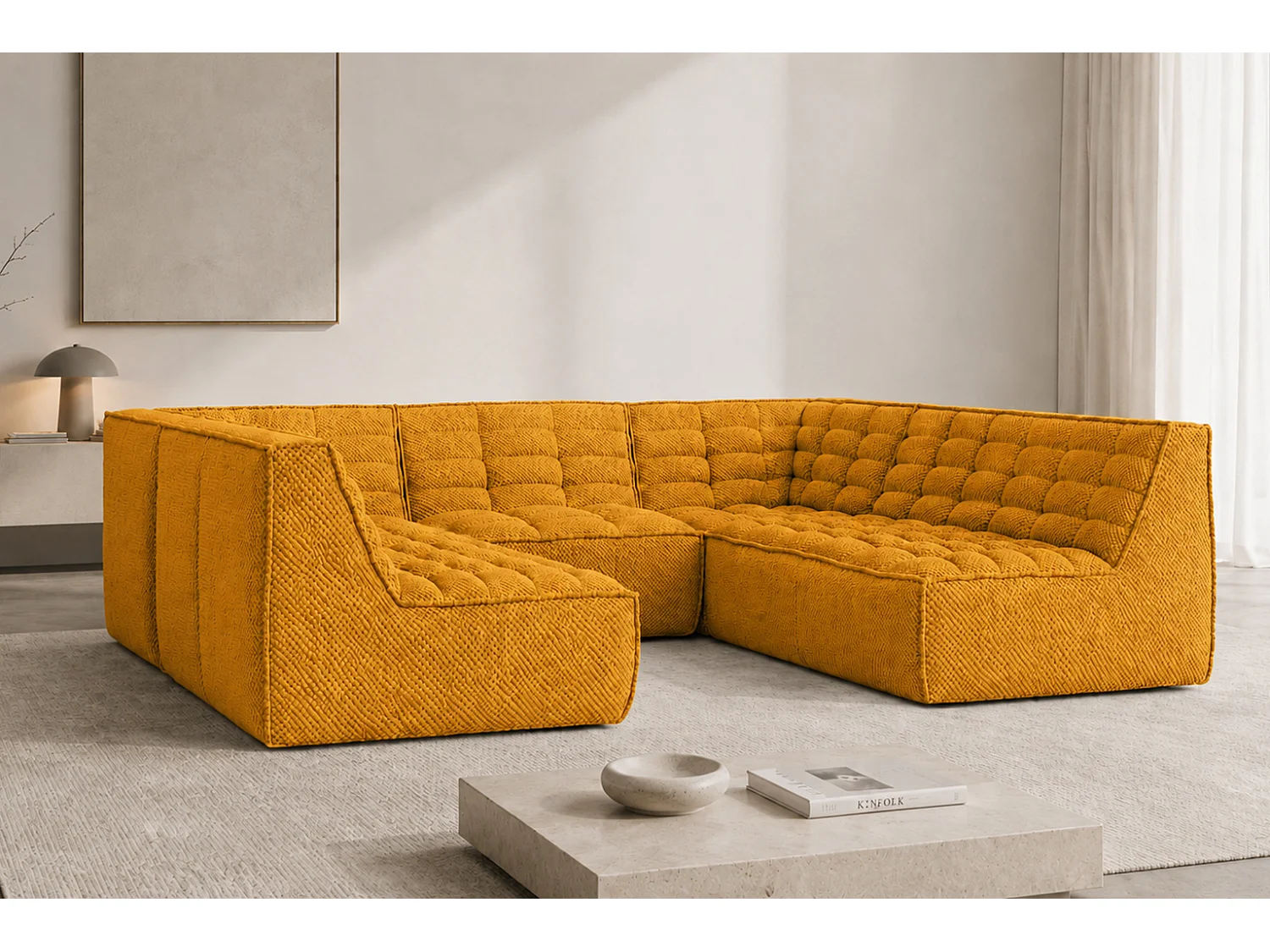 Canapé d’angle modulable Corner en U, tissu peluche Pop, moutarde, LAZY U CORNER
