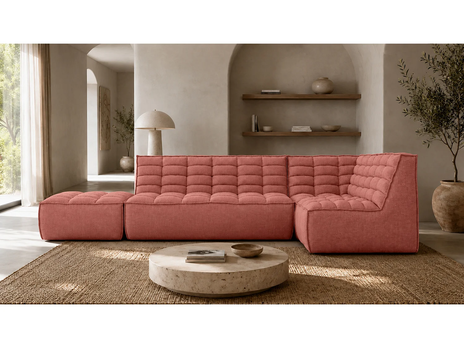 Canapé d’angle modulable en L avec pouf, tissu peluche Pop, rose, droite, LAZY L avec pouf