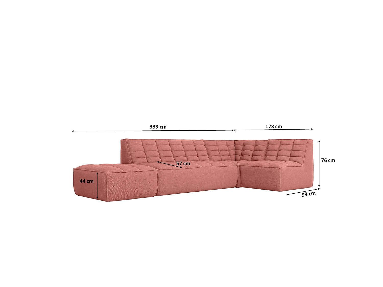 Canapé d’angle modulable en L avec pouf, tissu peluche Pop, rose, droite, LAZY L avec pouf