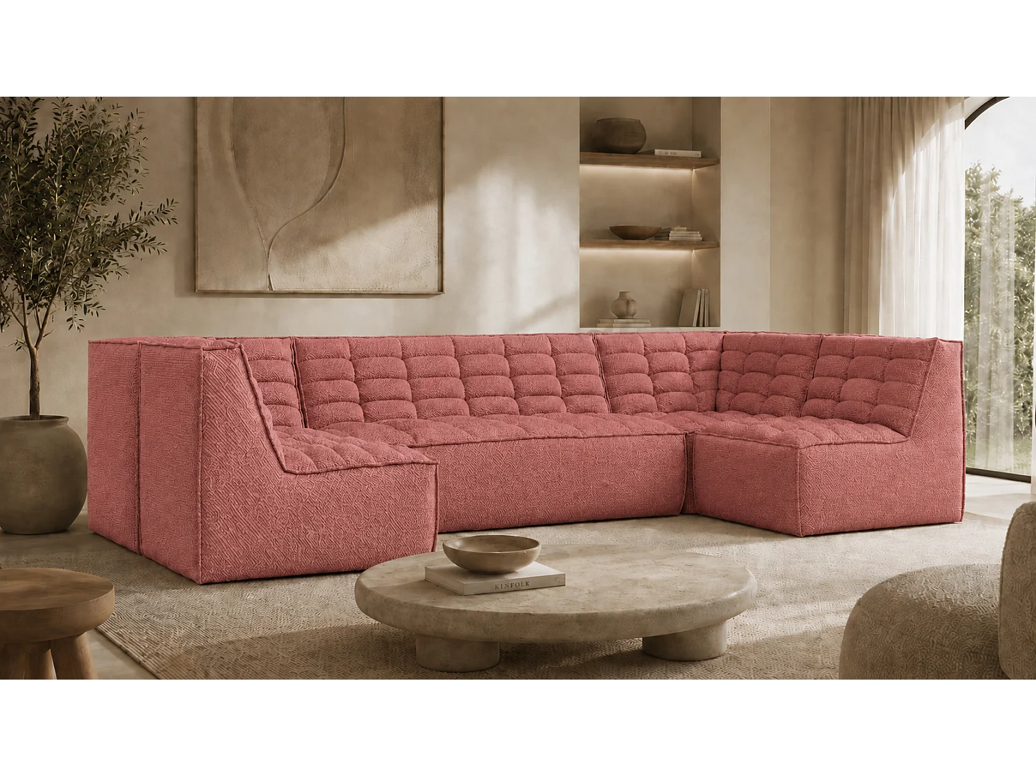 Canapé d’angle modulable en U, tissu peluche Pop, rose, LAZY U