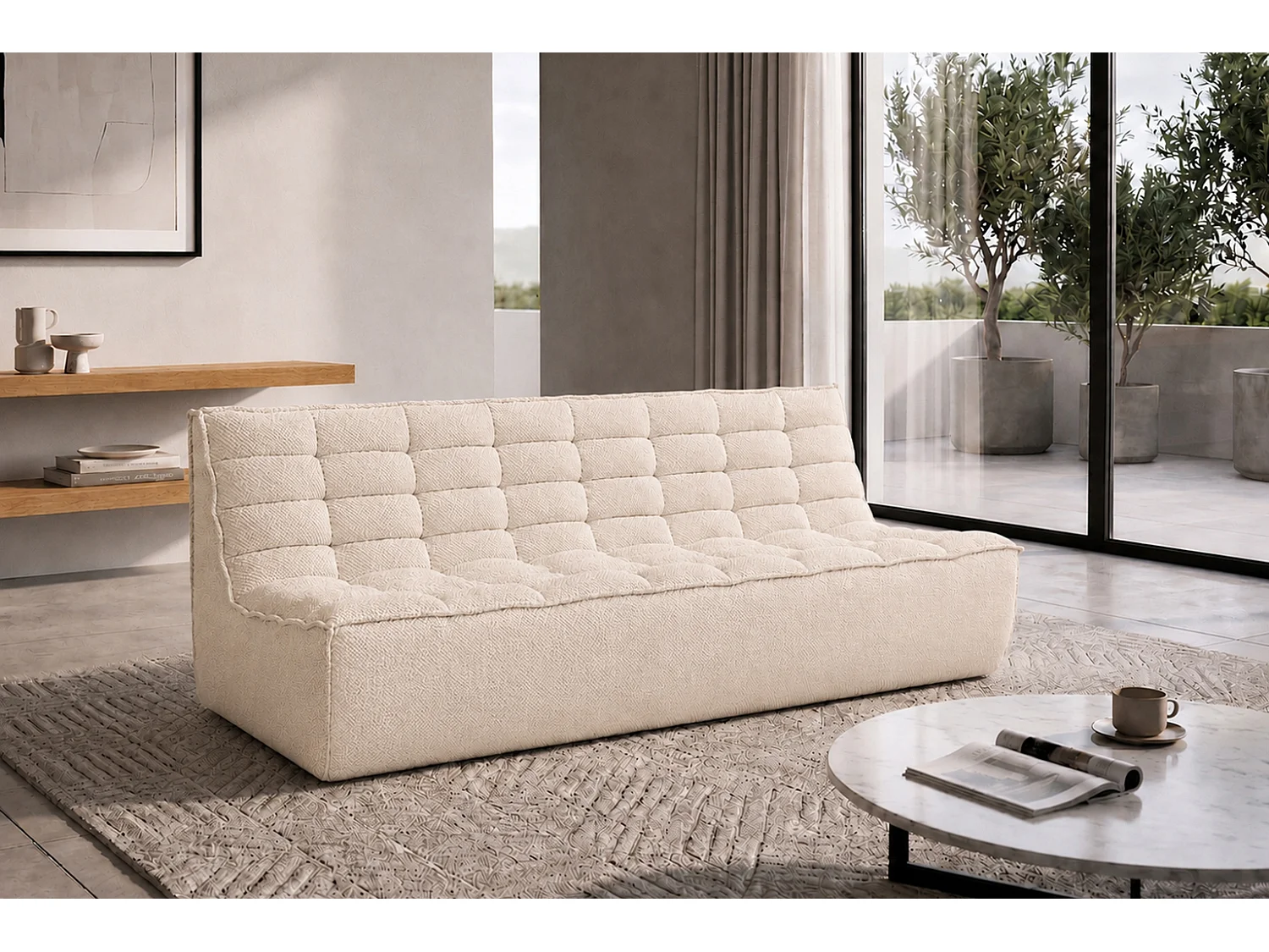 Canapé 3 places modulable, tissu peluche Pop, crème, LAZY