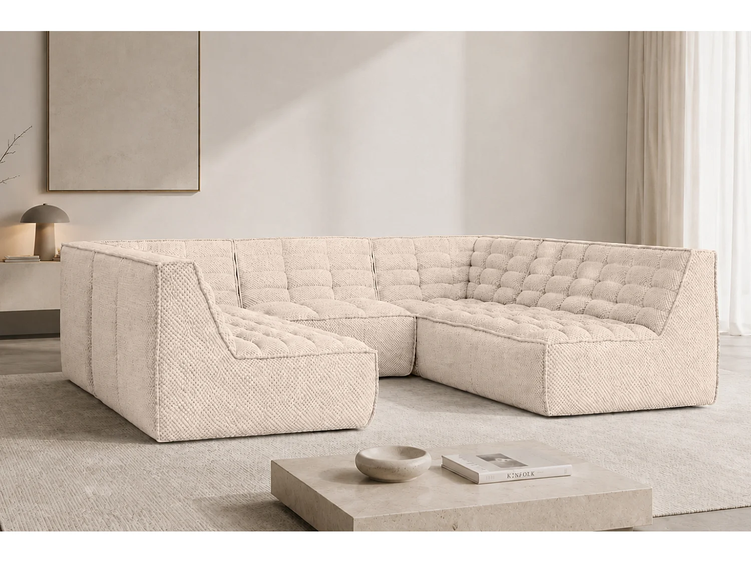 Canapé d’angle modulable Corner en U, tissu peluche Pop, crème, LAZY U CORNER