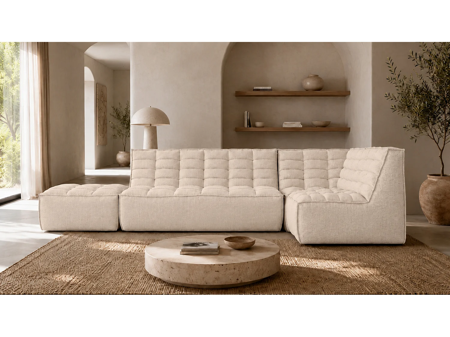 Canapé d’angle modulable en L avec pouf, tissu peluche Pop, crème, droite, LAZY L avec pouf